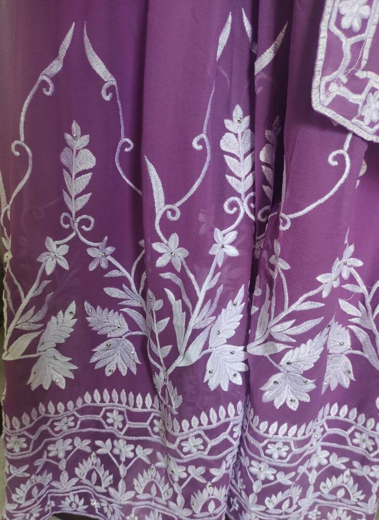 Lavender/Purple/Violet Pure Georgette Net Sharara Set White Silk Thread And Sequence Work Pearl Work With Net Lavender Dupatta Floral Design