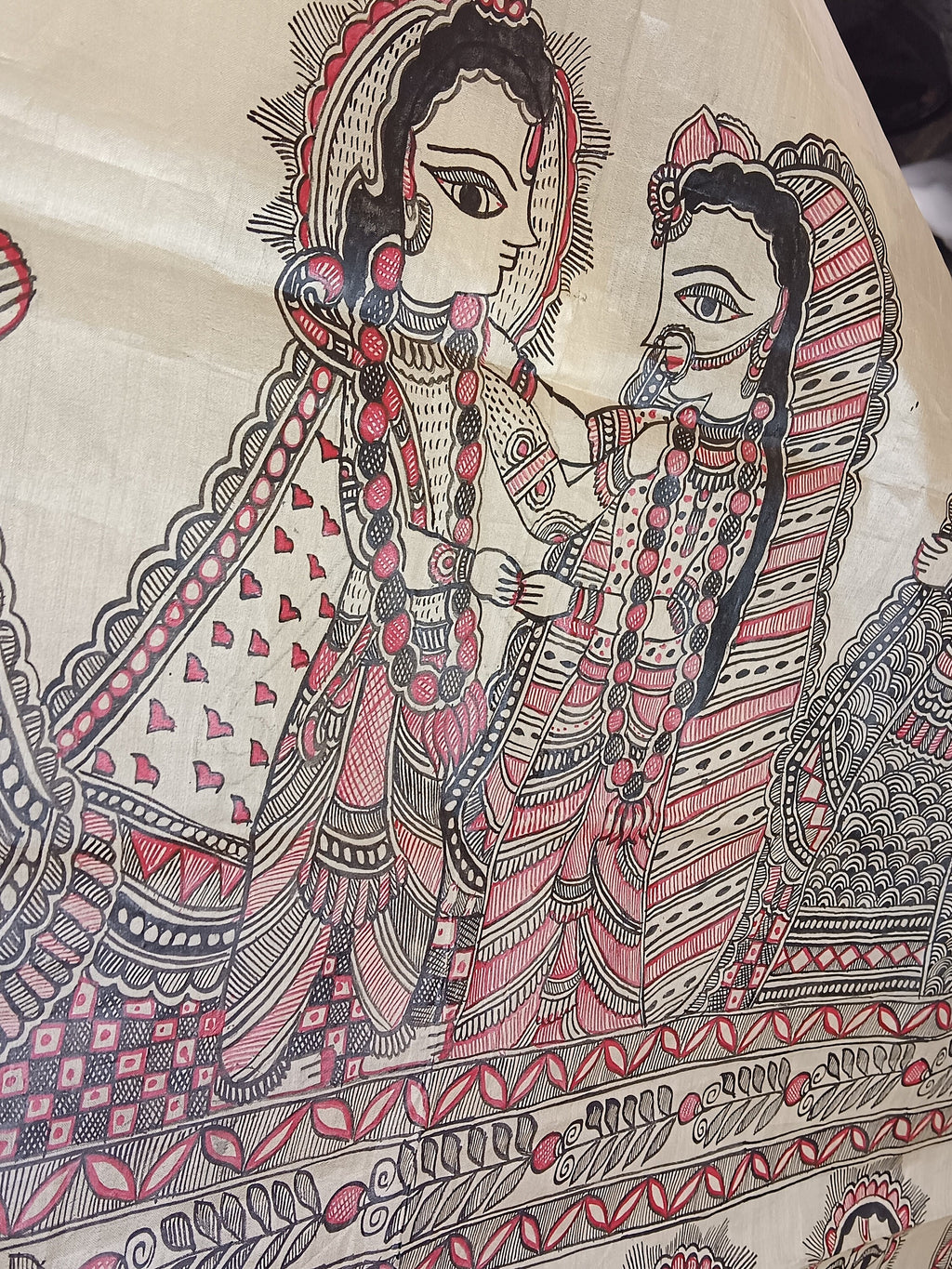 Beige 100% Silk Hand Painted Madhubani Art Featuring Ionic Shri Ram Sita Swayamvar And Sun Lotus Design Duppata Vintage Luxurious Designer