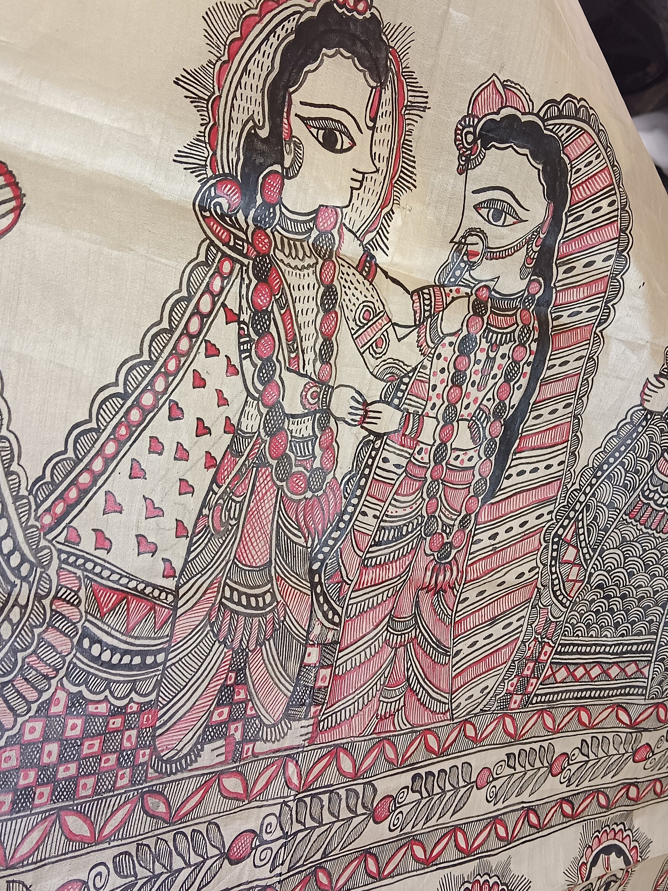 Beige 100% Silk Hand Painted Madhubani Art Featuring Ionic Shri Ram Sita Swayamvar And Sun Lotus Design Duppata Vintage Luxurious Designer