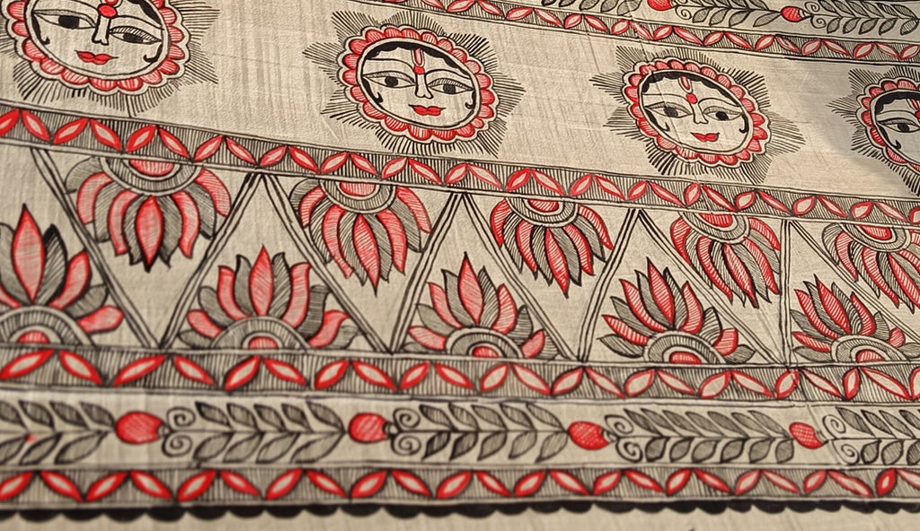Set of 3 Beige Hand-Painted Ionic Shree Ram Sita Swayamvar Lotus Sun Design Kurta Pand Dupatta Madhubani Art Indian Attire Mithila Paint