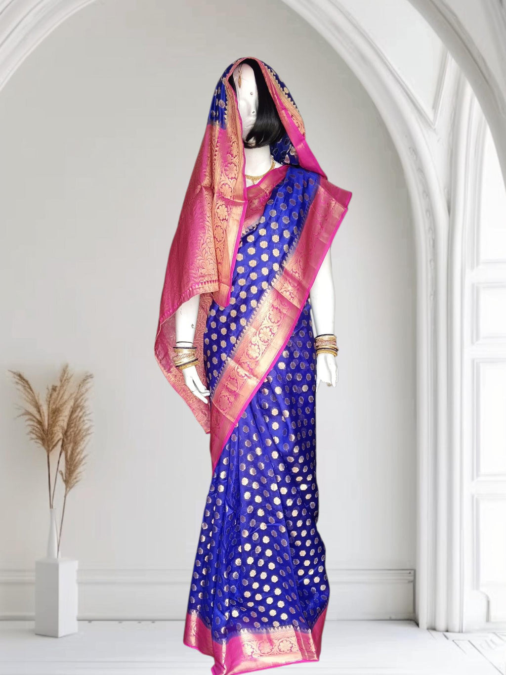 Royal Blue And Pink Banarasi Silk Saree with Unstitched Silk Blouse Handwoven Zari Wedding Saree Indian Traditional Outfit Elegant Gift