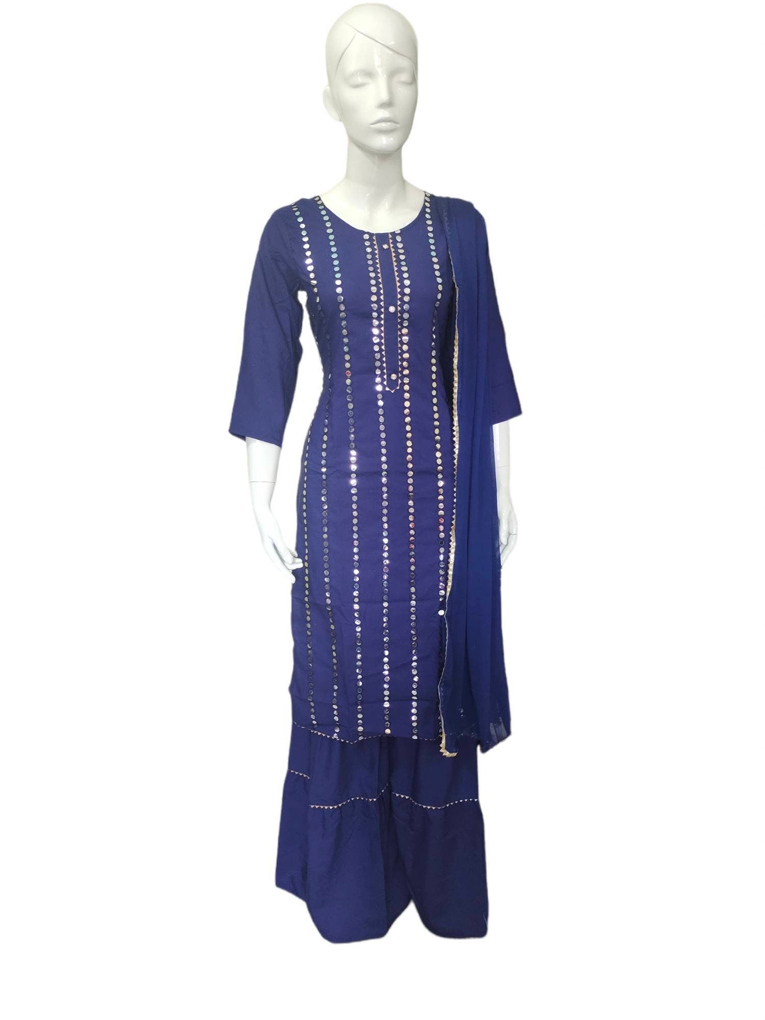 Blue/Navy Blue Cotton Rayon Mirror Work Salwar Kameez Sharara Suit Chiffon Dupatta Bollywood Pakistani Bohemian Wedding Festive Diwali Puja