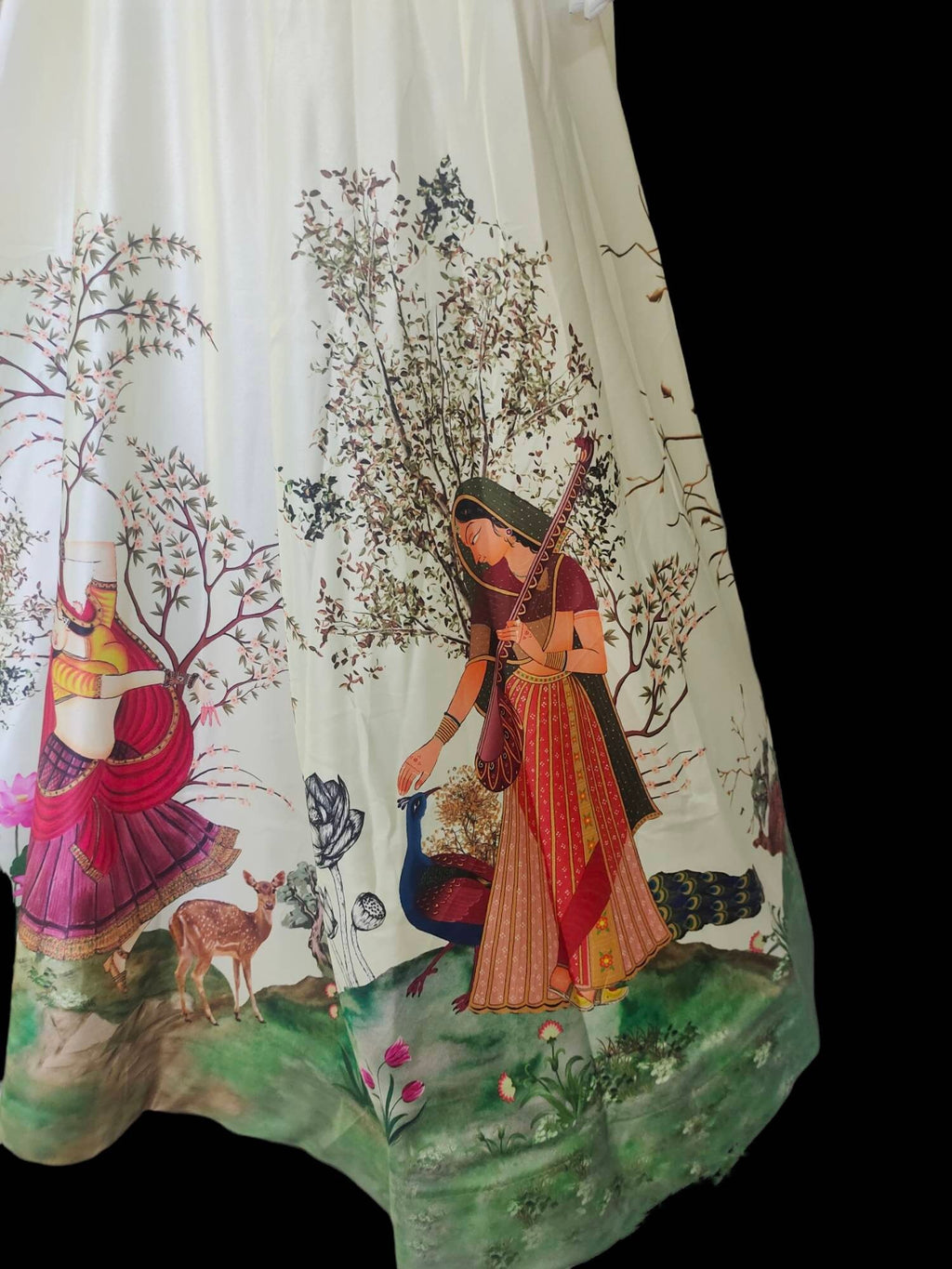 Satin off white skirt with digital print with linen stitched long skirt modern Bollywood traditional Ethnic colourful portrait design trees