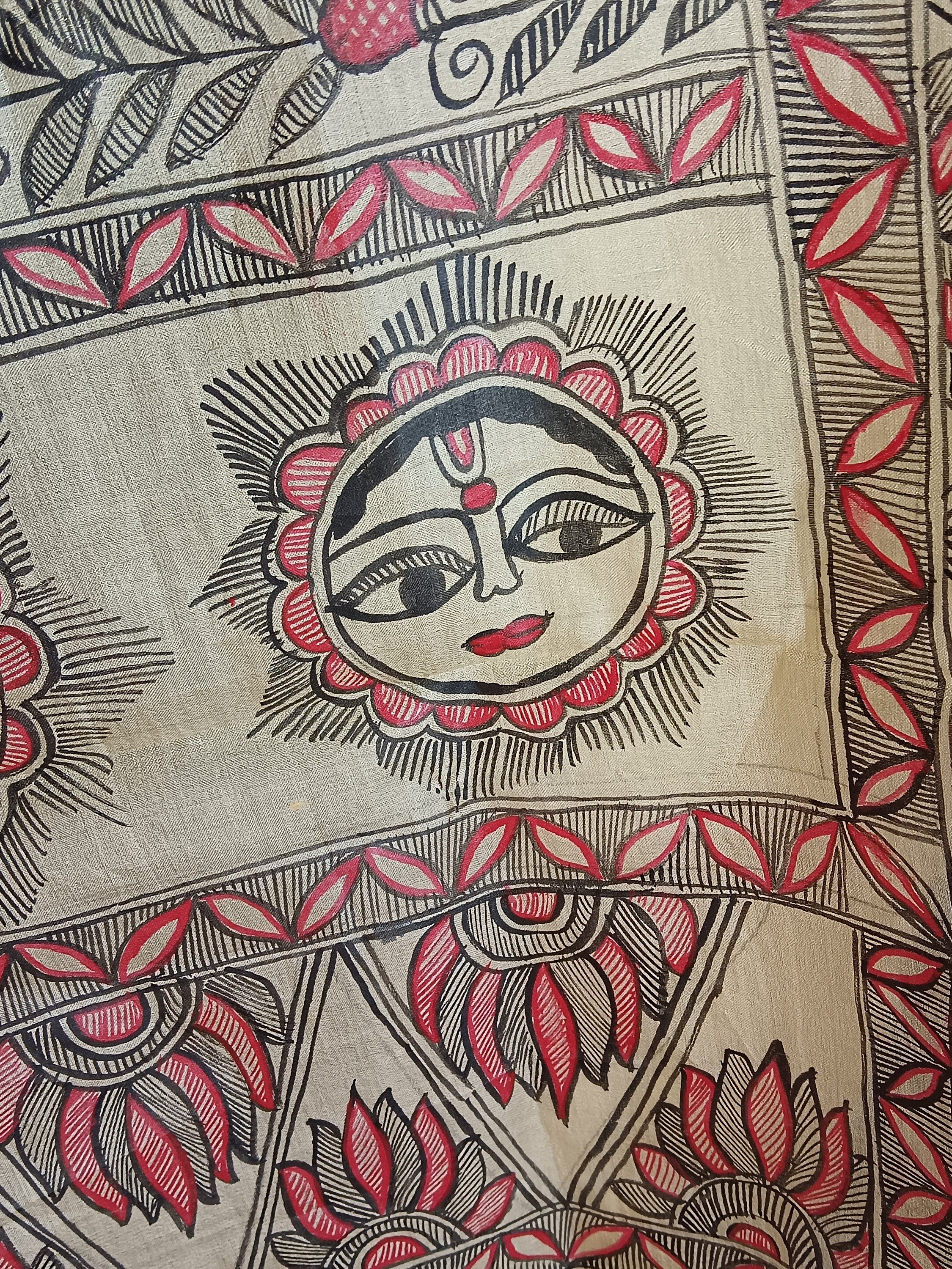 Beige 100% Silk Hand Painted Madhubani Art Featuring Ionic Shri Ram Sita Swayamvar And Sun Lotus Design Duppata Vintage Luxurious Designer