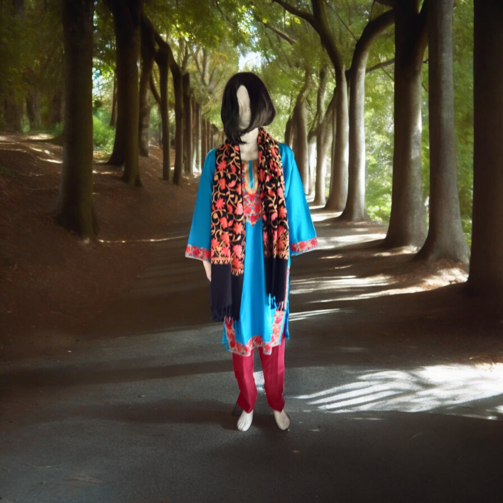 Blue Red Black Set of 3 Pieces Woollen suit pant scraf Cashmere Woollen Outfit Lightweight Kashmir embroidery Luxurious vintage Dress Design