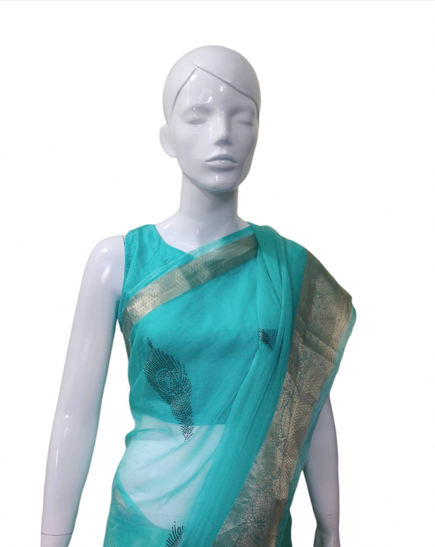 Sea green organza saree banarasi golden border golden sequence work satin blouse satin petticoat Bollywood festival designer Ethnic