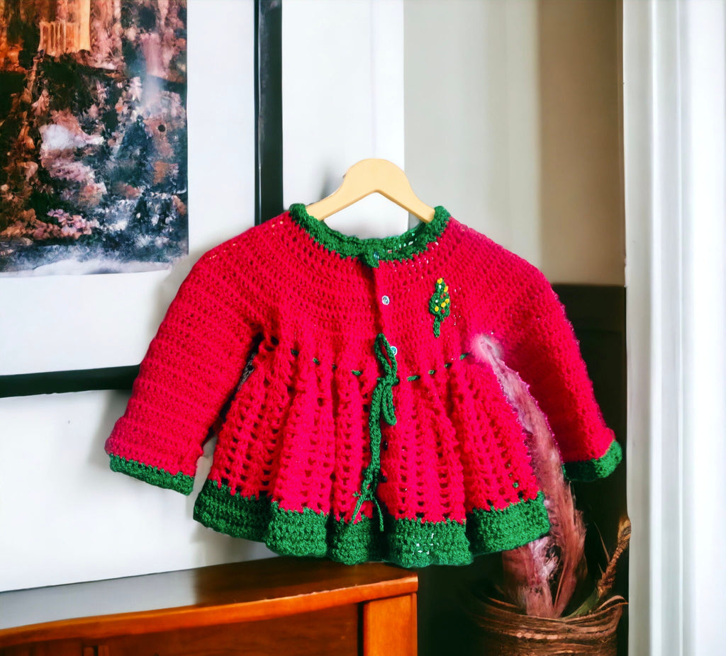 Handmade Woollen Red Green Crochet Dress For kids With Woollen Matching Beanie/Cap And Woollen Shoes Christmas Dress Christmas Party Winter