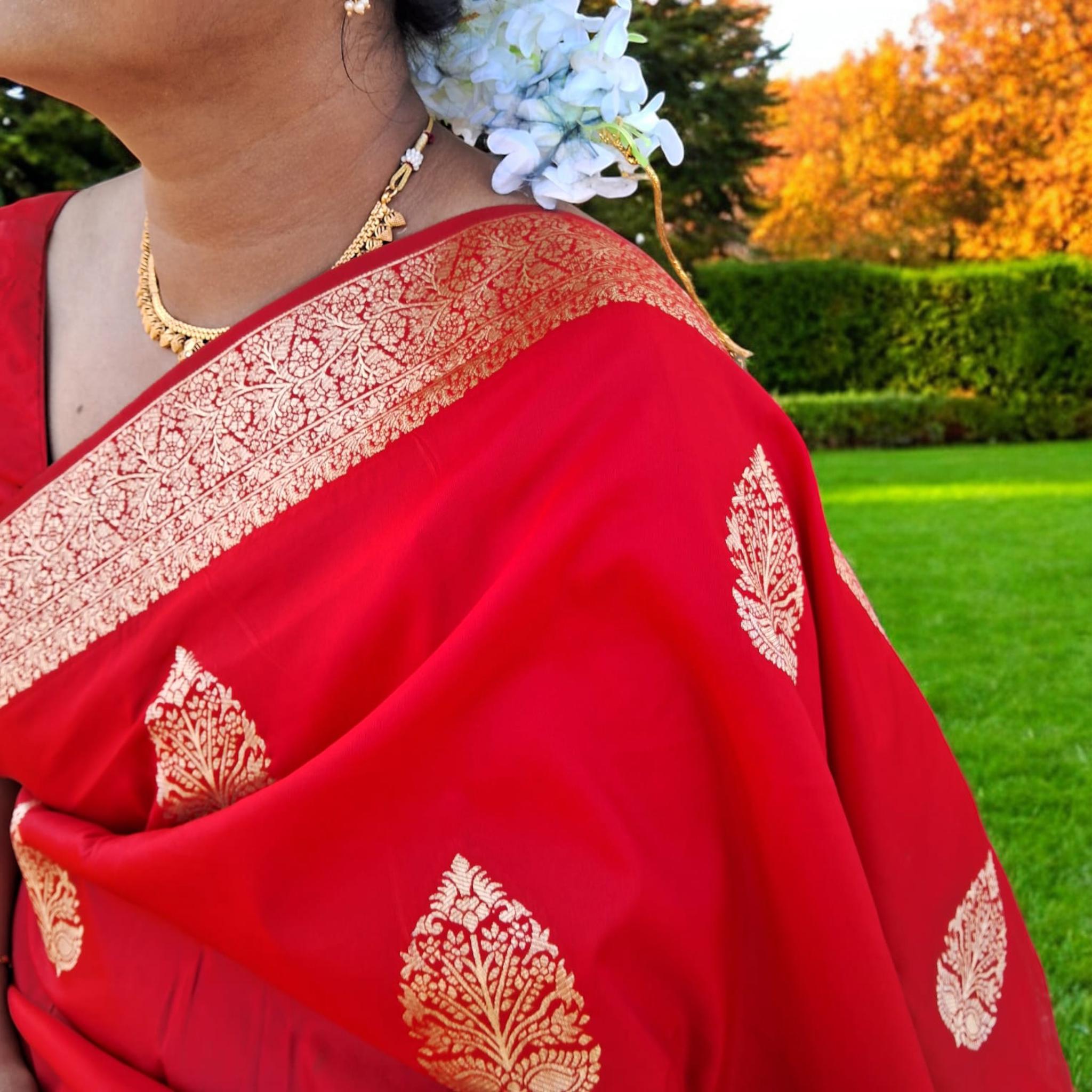 Pure Red Banarasi Silk Saree Zari border Unstitched Plain Red Silk Blouse Piece Perfect for Wedding Festive Occasions Gift for her Indian