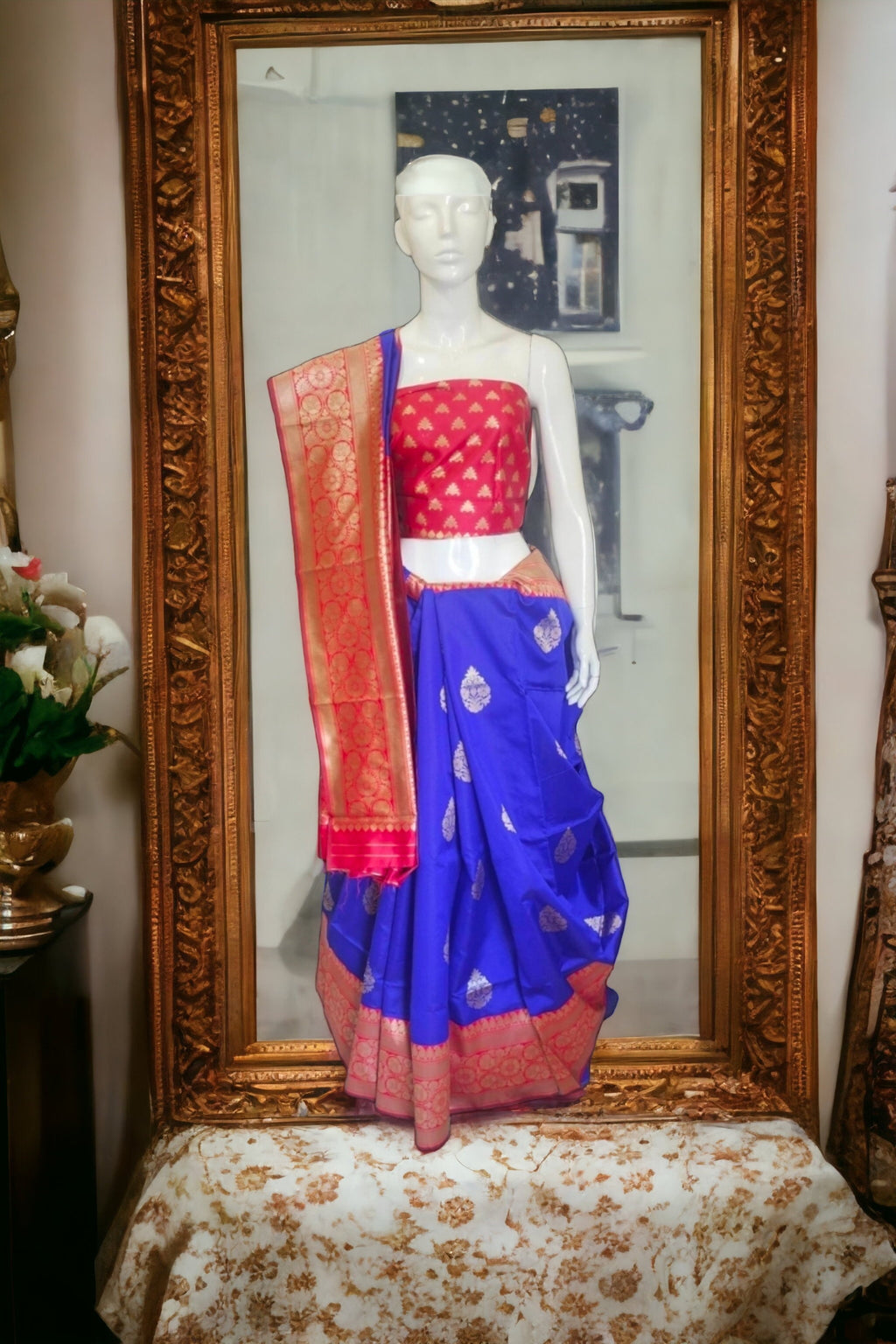Blue and red banarasi silk saree with zari work with red unstiched blouse with cotton stitched peticoat Bollywood Indian Ethnic Festive Puja