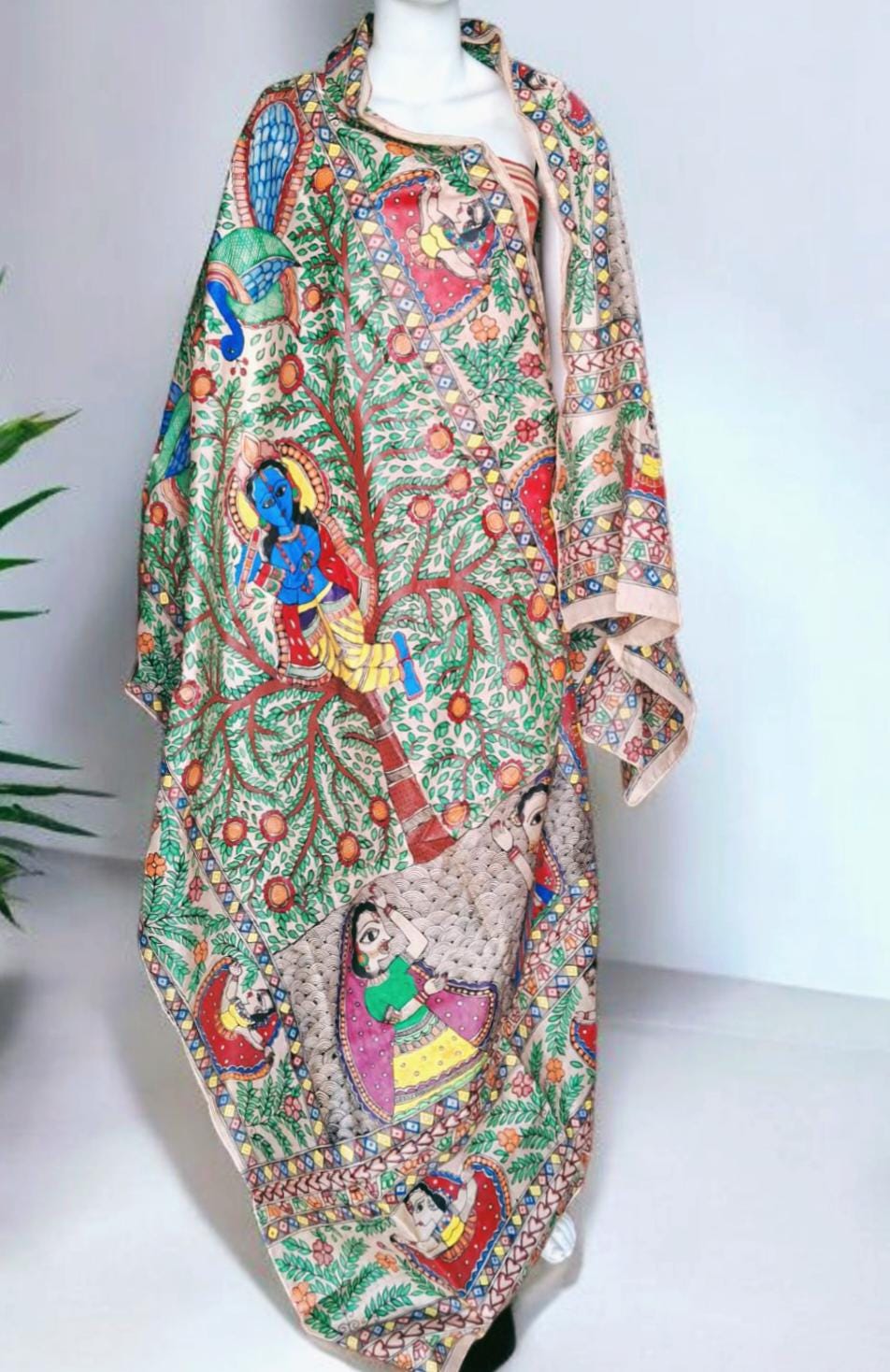 Beige Silk Hand-painted Madhubani Art Dupatta Featuring Peacock Krishna Radha Gopi Nature Forest Flowers River Floral Designs Gift for her