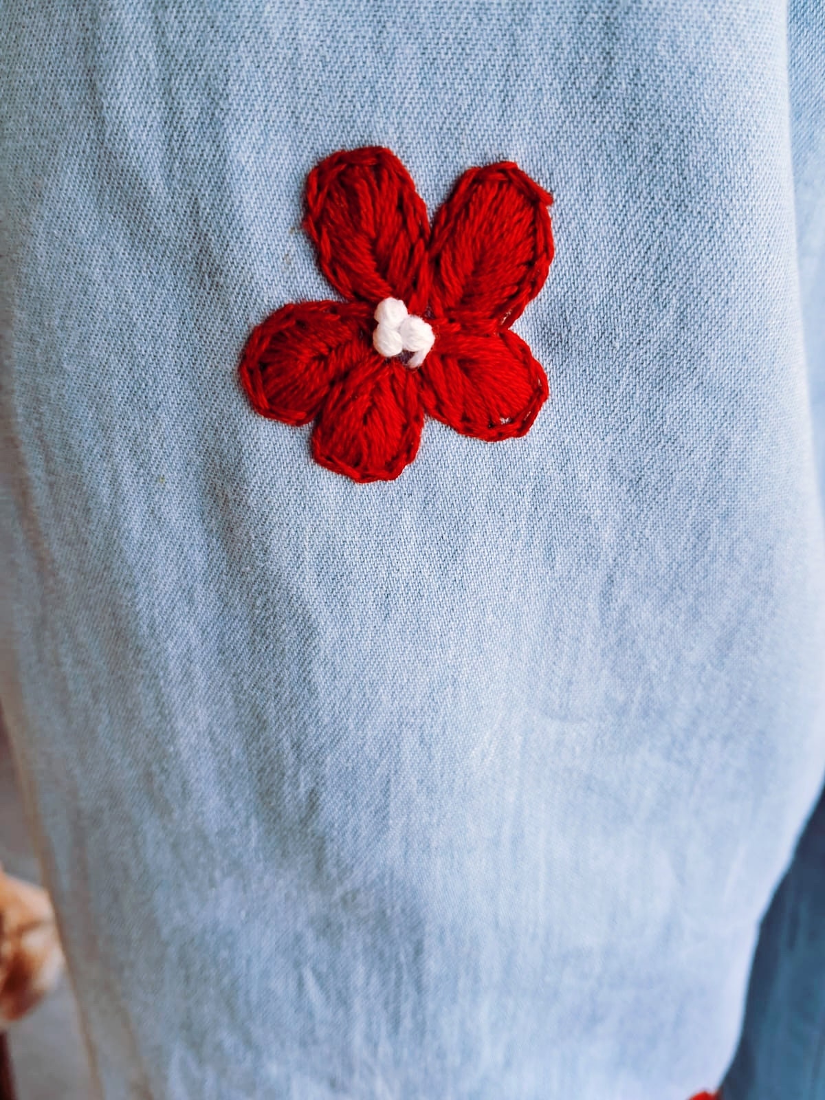 100 % Cotton Floral Handmade Modest Light Blue Jeans Jogger Comfy Bottom Embroidered Red Floral Pant Flower Design Colourful Elastic Stretch