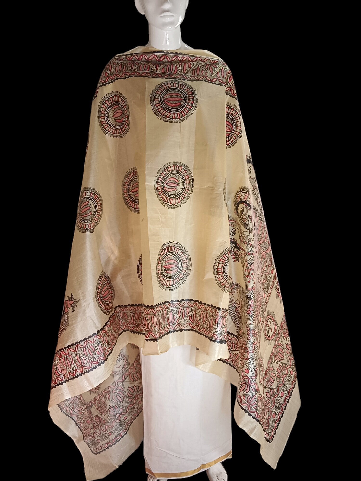 Beige 100% Silk Hand Painted Madhubani Art Featuring Ionic Shri Ram Sita Swayamvar And Sun Lotus Design Duppata Vintage Luxurious Designer