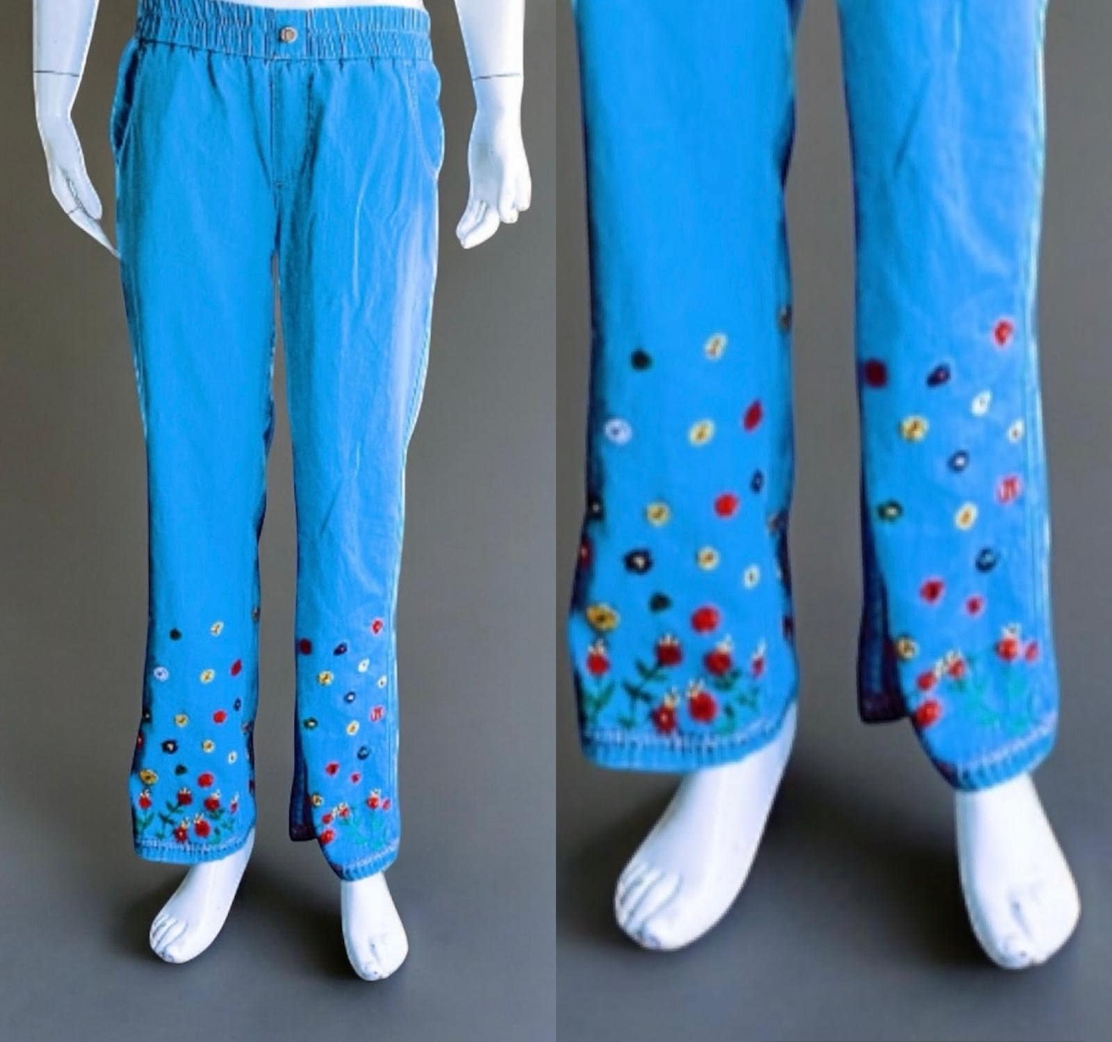 100 % Cotton Floral Handmade Modest Light Blue Jeans Jogger Comfy Bottom Embroidered Floral Pant Flower Design Colourful Elastic Stretchable