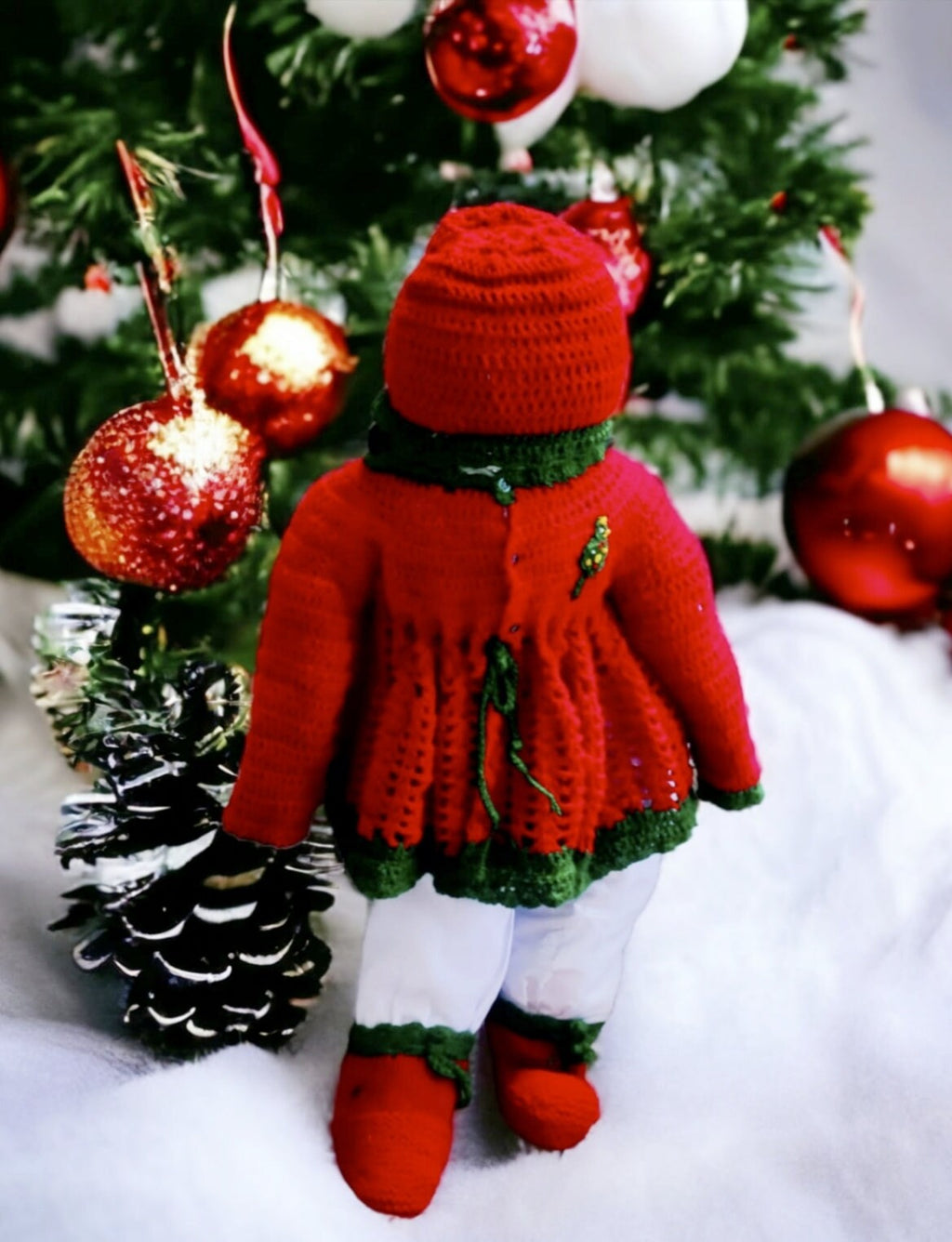 Handmade Woollen Red Green Crochet Dress For kids With Woollen Matching Beanie/Cap And Woollen Shoes Christmas Dress Christmas Party Winter