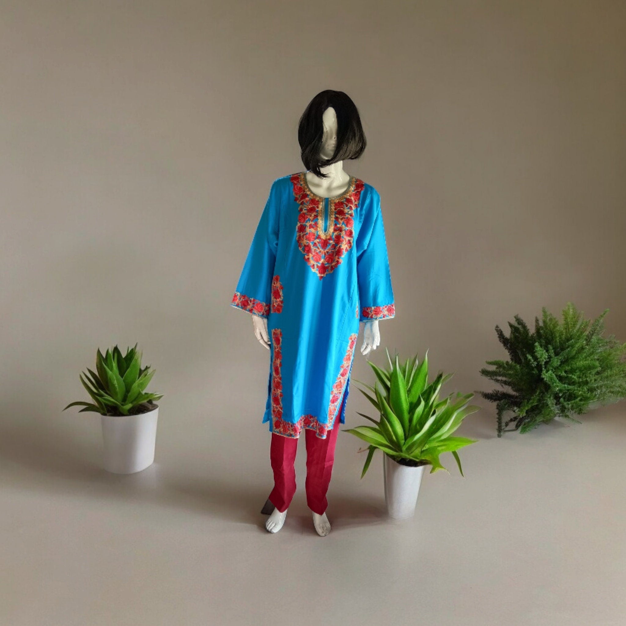 Blue Red Black Set of 3 Pieces Woollen suit pant scraf Cashmere Woollen Outfit Lightweight Kashmir embroidery Luxurious vintage Dress Design