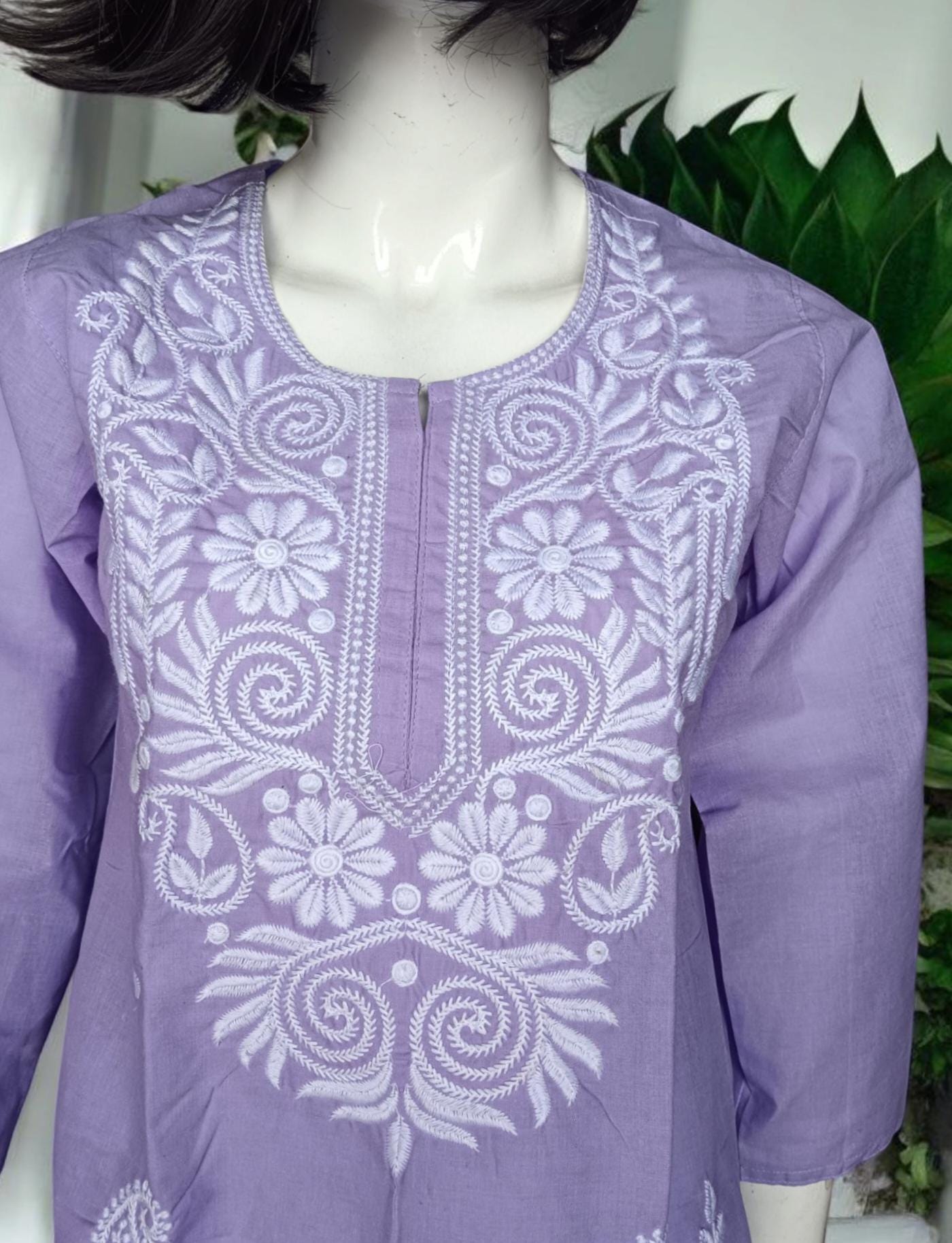 Set of 2 piece Cotton Lavender White Chikankari Embroidered Kurta with White Cotton Embroidered With Lace Work Tapered Leg Salwar Elastic