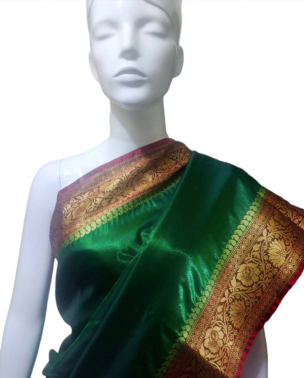 Dark green and Dark red satin silk saree with banarasi border and red unstiched blouse and green cotton peticoat Bollywood modern festivals