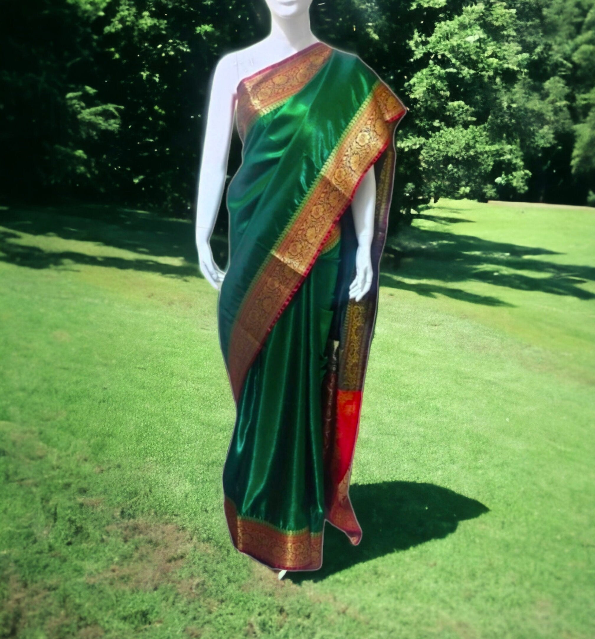 Dark green and Dark red satin silk saree with banarasi border and red unstiched blouse and green cotton peticoat Bollywood modern festivals