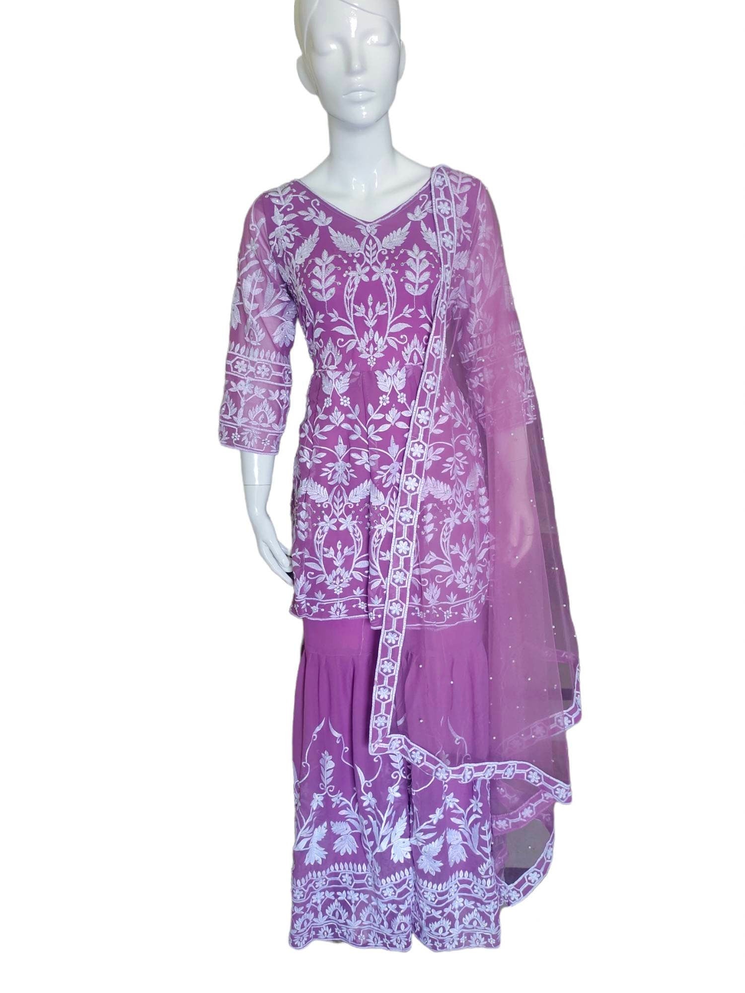 Lavender/Purple/Violet Pure Georgette Net Sharara Set White Silk Thread And Sequence Work Pearl Work With Net Lavender Dupatta Floral Design