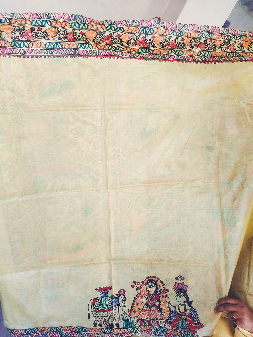 Yellow Handwork Madhubani Painted Silk Saree With Unstiched Blouse Piece Bihari Saree A Gift For Loved One Painted With Acrylic Paints