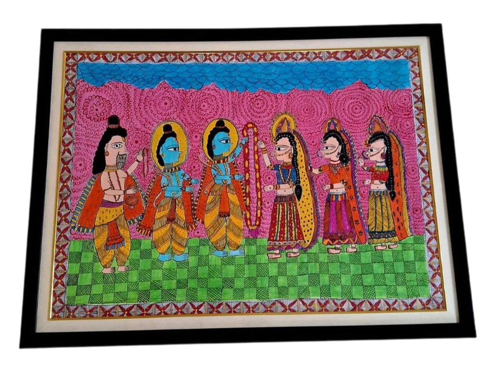 Handmade Madhubani Painting of Lord Ram and Sita Swayamvar Traditional Indian Folk Art Vibrant Cultural Wall Décor Framed Orginal Artwork