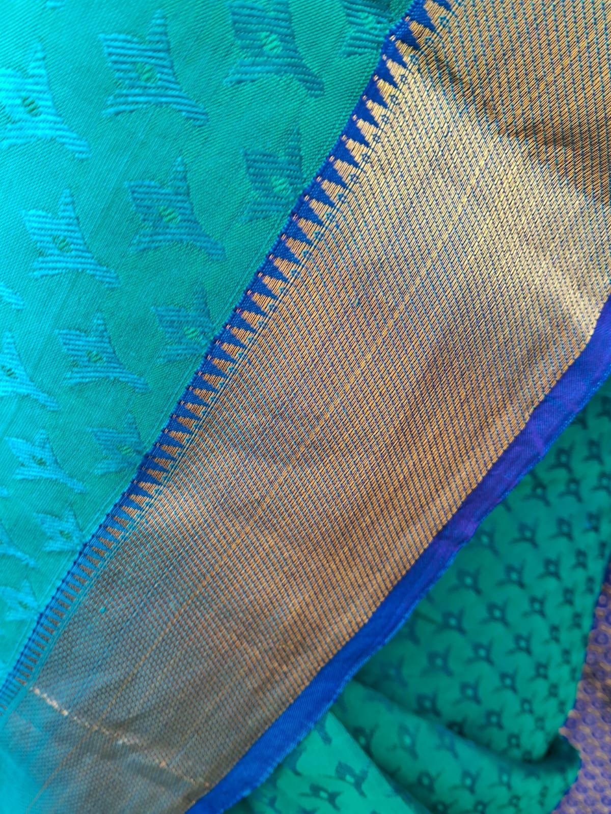 100% Pure Silk Blue Green Banarasi Saree Golden Brocade Pattern With Unstitched Blue Pure Silk Blouse Bollywood Saree Wedding Saree Pujawear