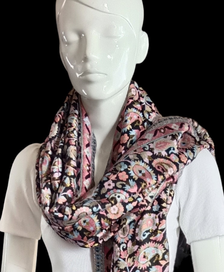 Black sliver Embroidered 100% Cashmere Pashmina Luxurious Hand woven shawl scarf travel blanket Soft Touch Lightweight shoulder Warmer