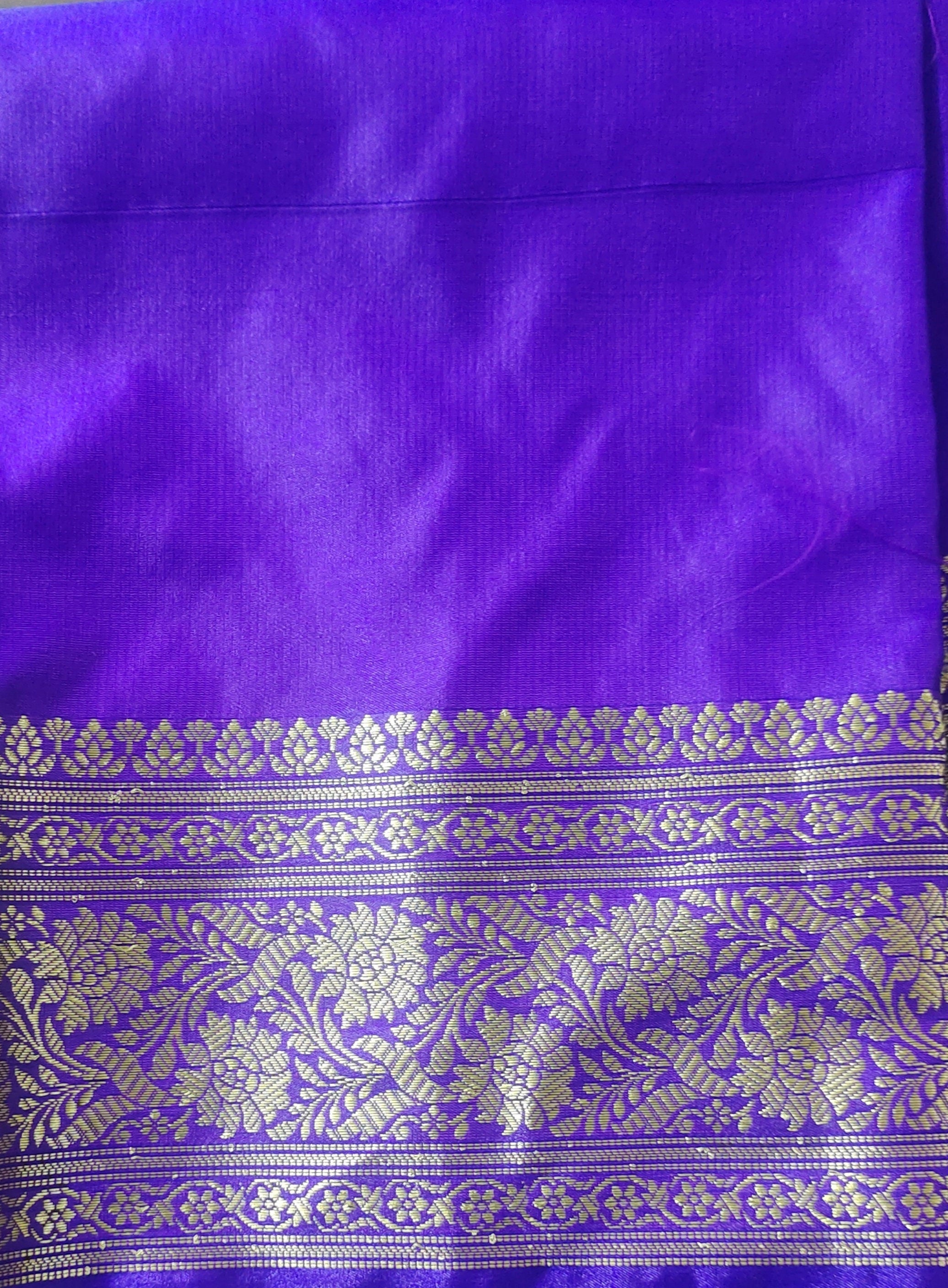 Dark Pink And Violet Satin Silk Banarasi Saree With Unstitched Violet Satin Silk Blouse Zari Work Bollywood Wedding Party Embroidered