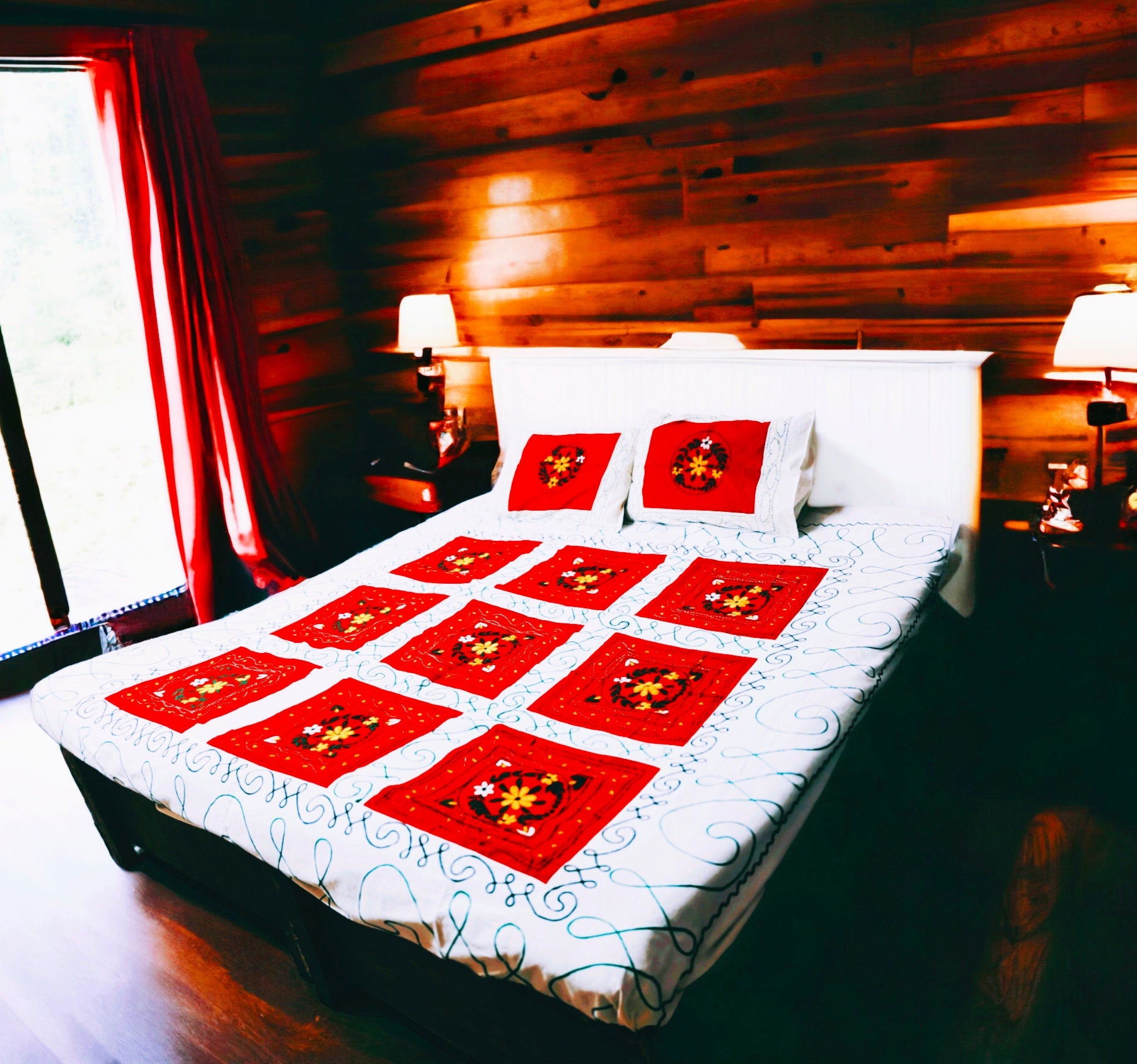 Cotton Red White Applique Embroidered Handmade Queen Size Bedsheet With Two Matching Pillow Covers Pack Of 1 Indian Style Bedsheet Bohemian