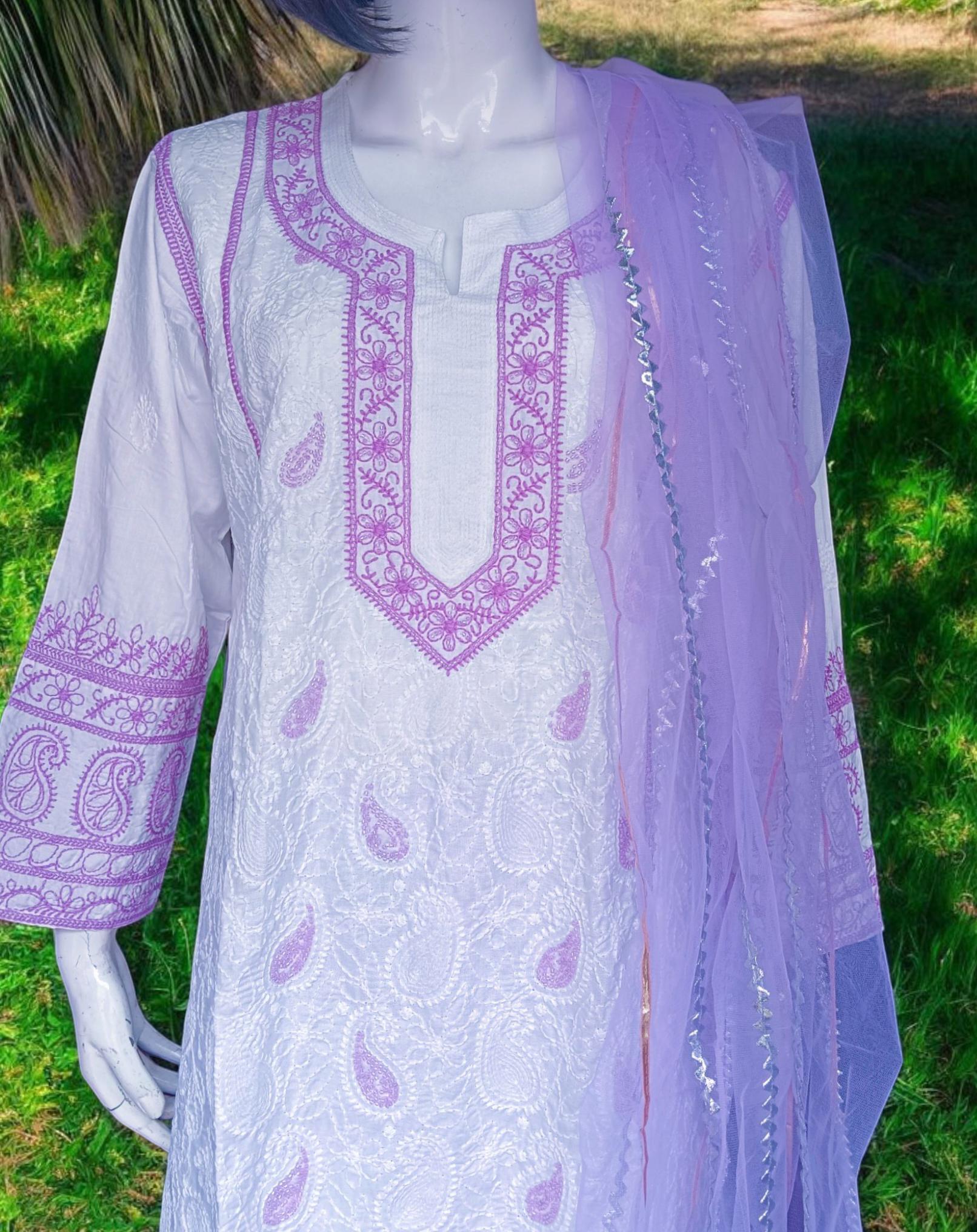 Set of 3 White Lavender Cotton Silk Chikankari With Beads Work Handmade Kurta Satin Pajama With Elasticity And Net Sheer Lavender Duppata