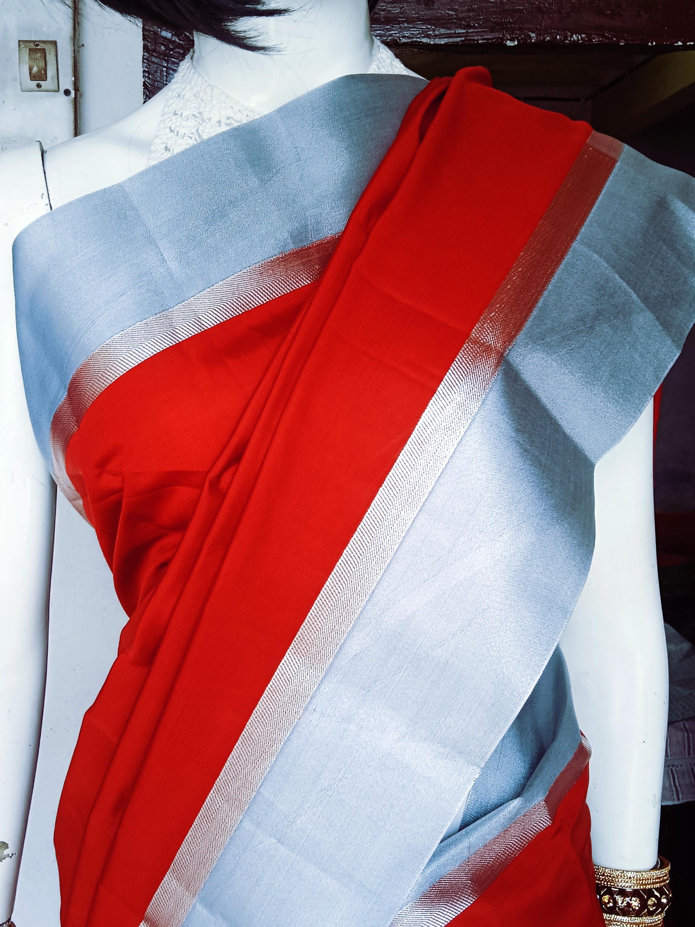 Red Silk Silver Zari Border Saree Unstitched Silver Silk Blouse Bollywood Daily Wear Party Wear Bengali Bohemian Vintage Sleek Relaxed Glam