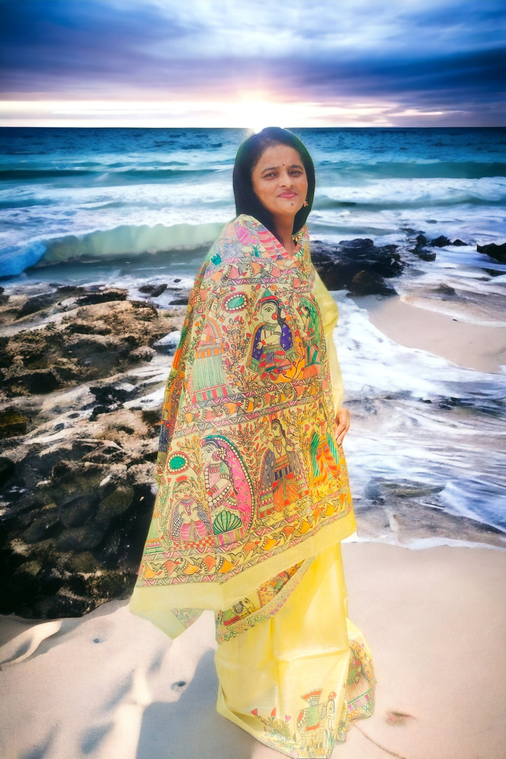 Yellow Handwork Madhubani Painted Silk Saree With Unstiched Blouse Piece Bihari Saree A Gift For Loved One Painted With Acrylic Paints