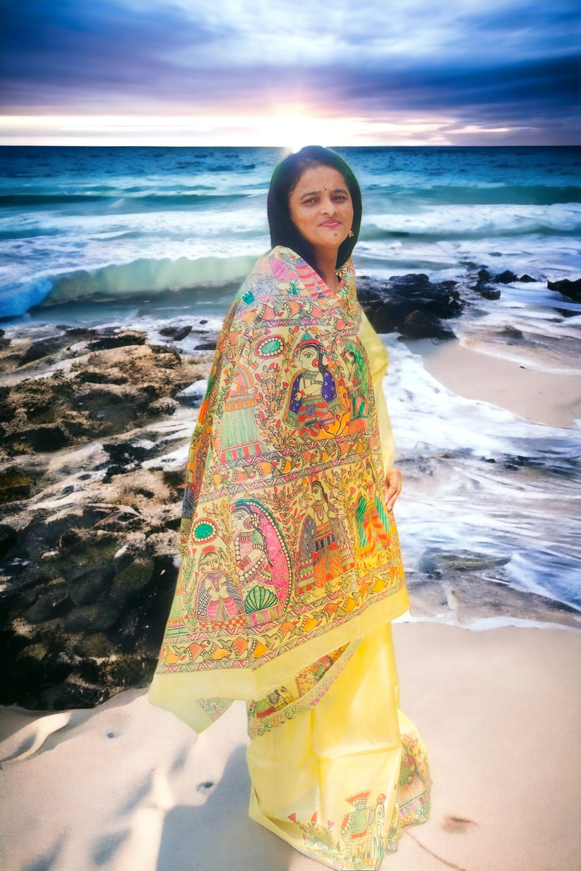 Yellow Handwork Madhubani Painted Silk Saree With Unstiched Blouse Piece Bihari Saree A Gift For Loved One Painted With Acrylic Paints