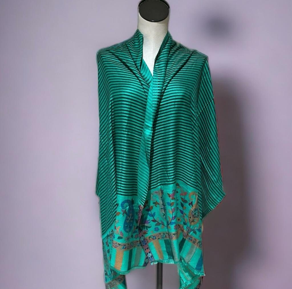 Sea Green Black Embroidered Cashmere Shawl Scarf Soft Touch Lightweight neck warmer shoulder Warmer Winter Outfit Minimalist Shawl Luxurious