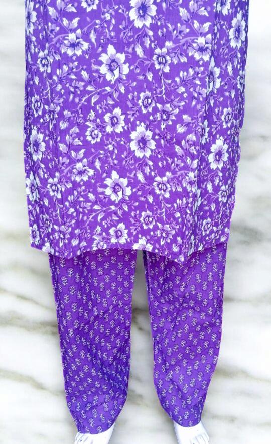 Set of 3 Pure Cotton Purple/Violet White Kurta Pant and Dupatta Floral Print Lace Work Indian Traditional Ethnic Casual Wear Easy to Breath
