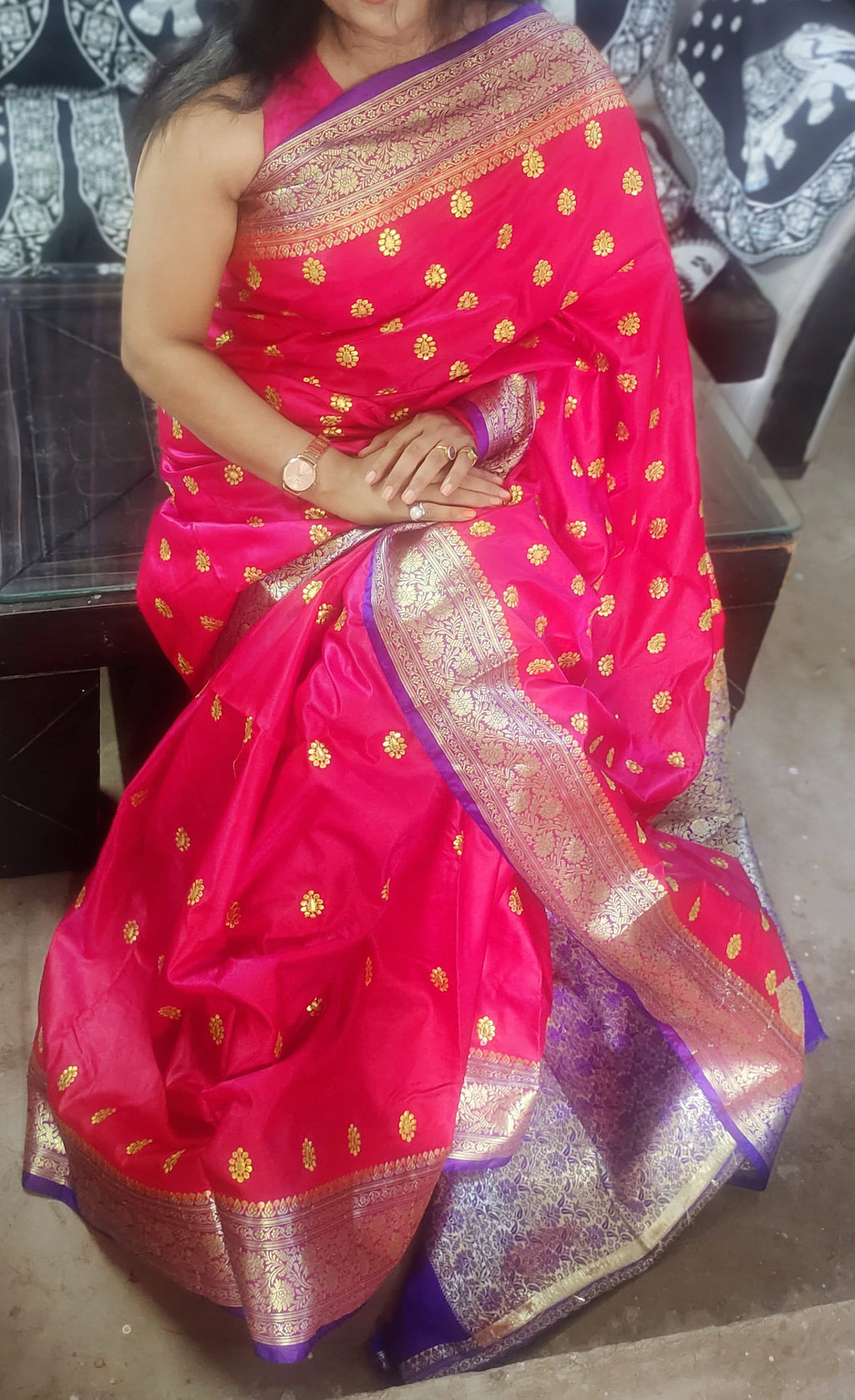 Dark Pink And Violet Satin Silk Banarasi Saree With Unstitched Violet Satin Silk Blouse Zari Work Bollywood Wedding Party Embroidered