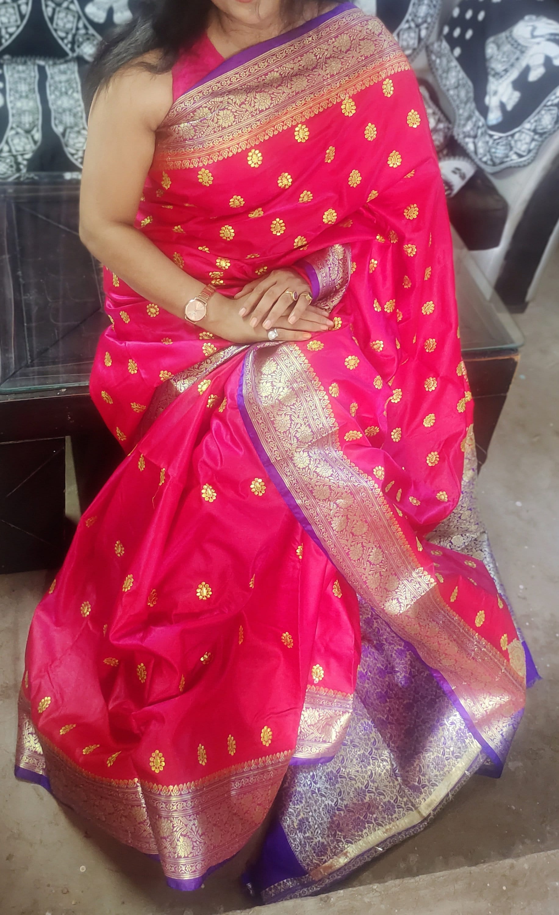 Dark Pink And Violet Satin Silk Banarasi Saree With Unstitched Violet Satin Silk Blouse Zari Work Bollywood Wedding Party Embroidered