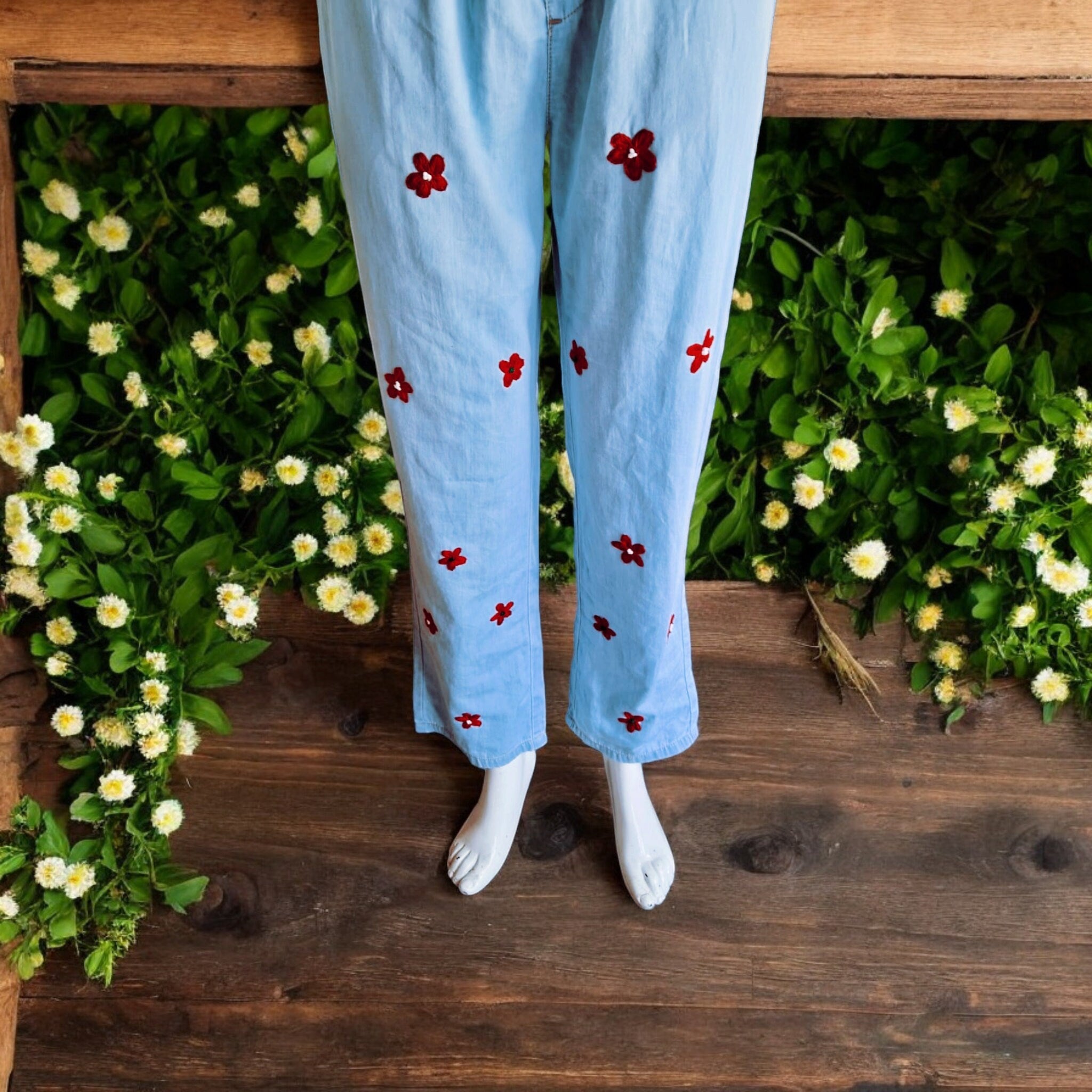 100 % Cotton Floral Handmade Modest Light Blue Jeans Jogger Comfy Bottom Embroidered Red Floral Pant Flower Design Colourful Elastic Stretch