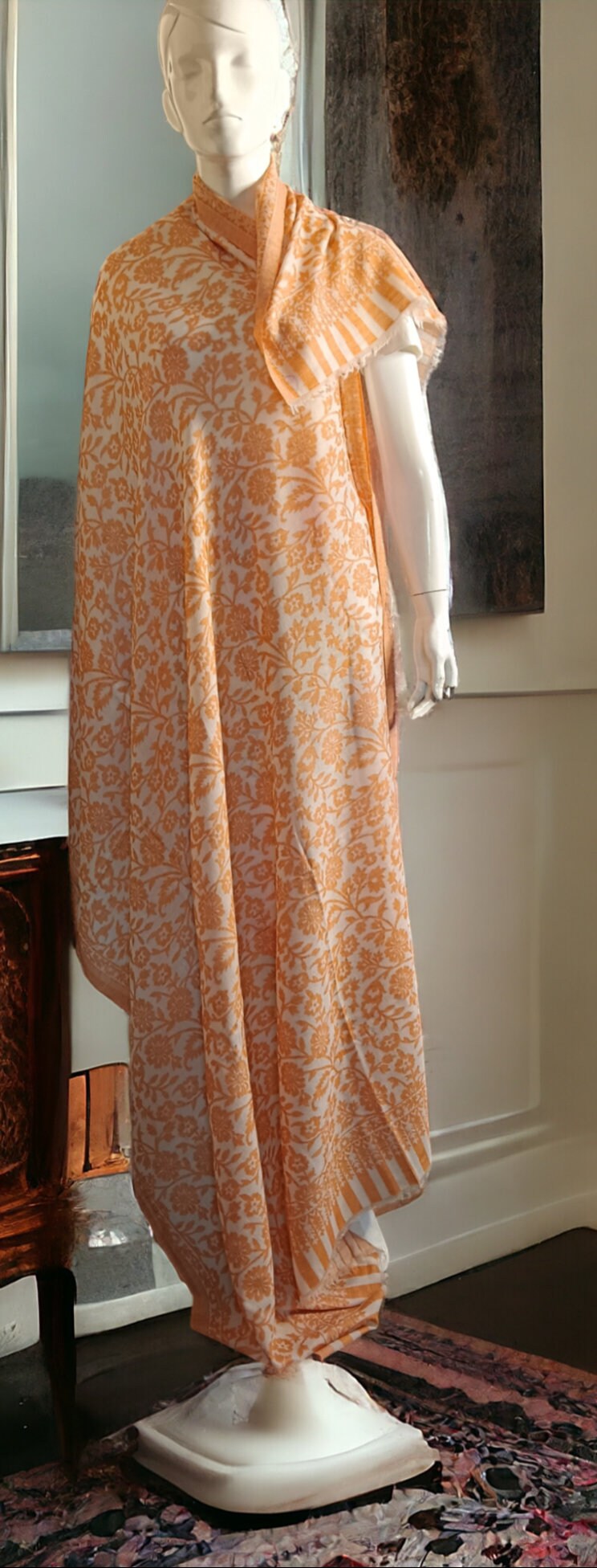 Orange White Embroidered 100% Cashmere Pashmina Luxurious Hand Woven Cashmere Shawl Scarf Women Neck Warmer Shoulder Warmer Winter Outfit