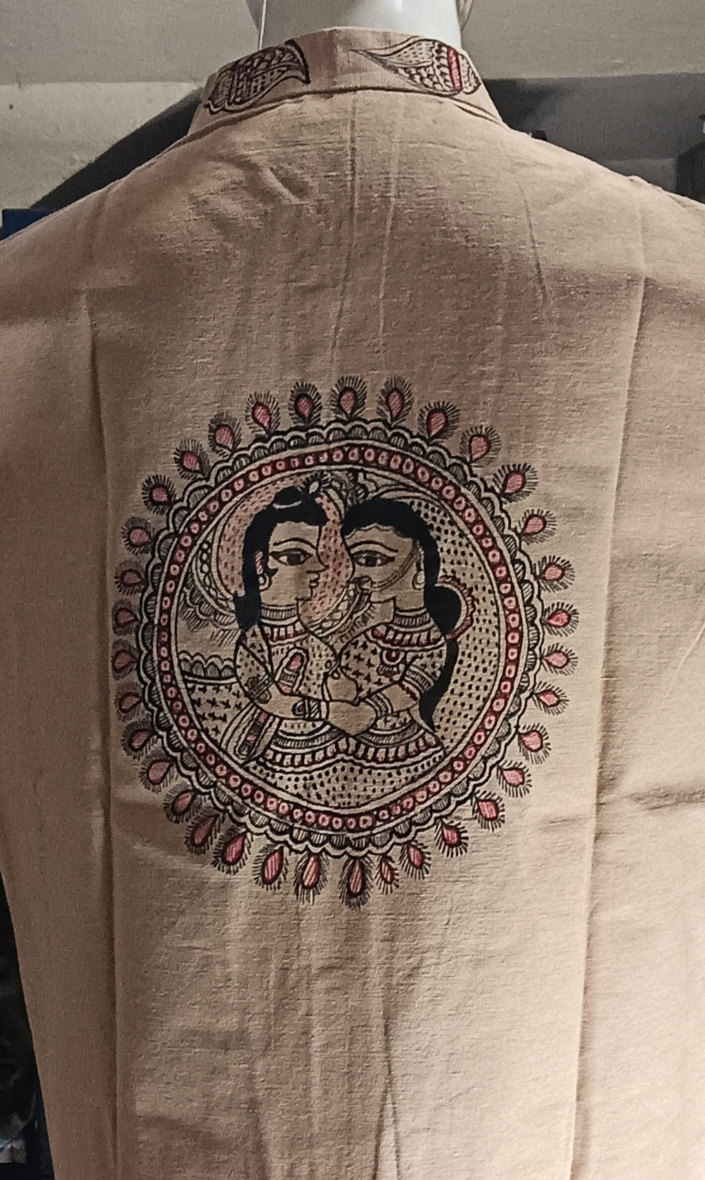 Beige Khadi Vest Jacket Hand-painted Madhubani Art Featuring Iconic Shri Krishna Radha Design Shankh Vintage Traditional Wedding Anniversary