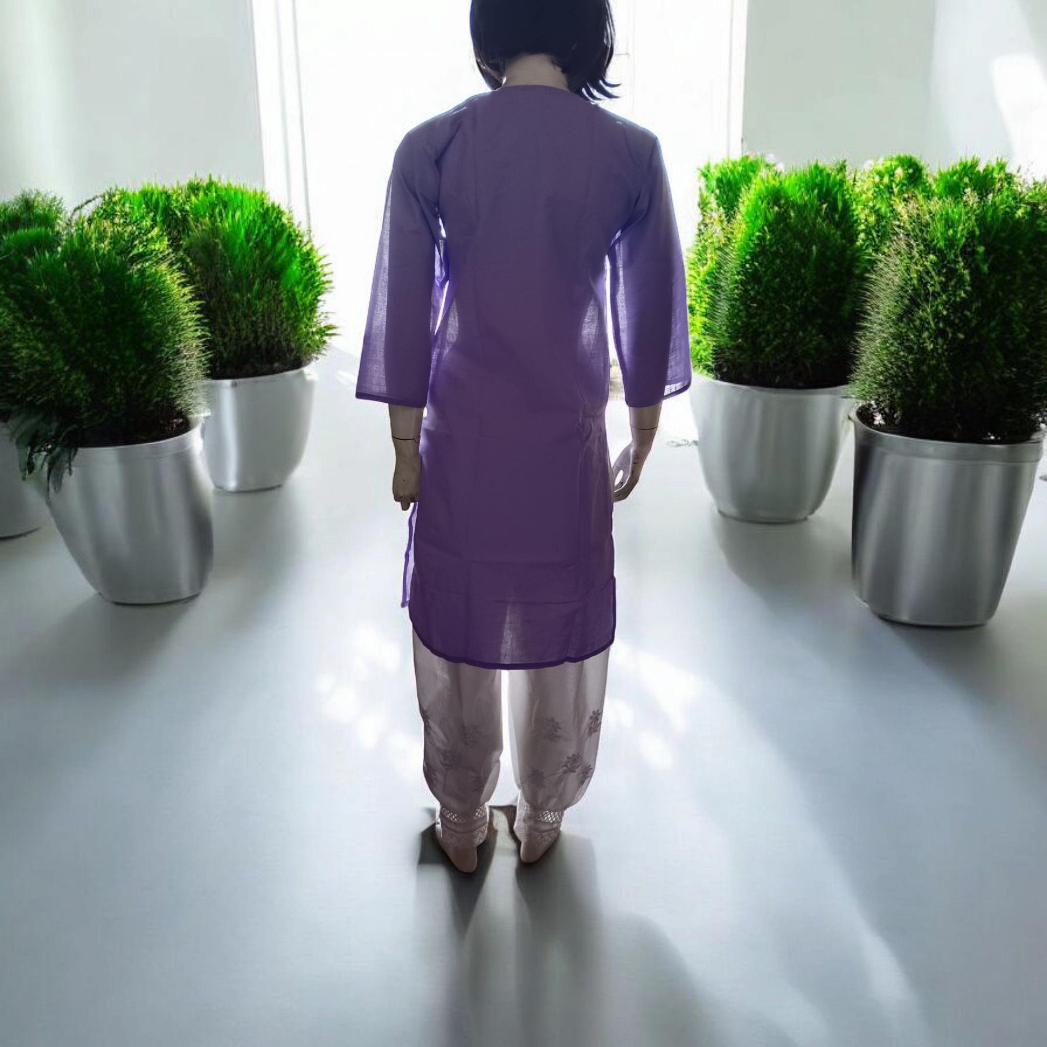 Set of 2 piece Cotton Lavender White Chikankari Embroidered Kurta with White Cotton Embroidered With Lace Work Tapered Leg Salwar Elastic