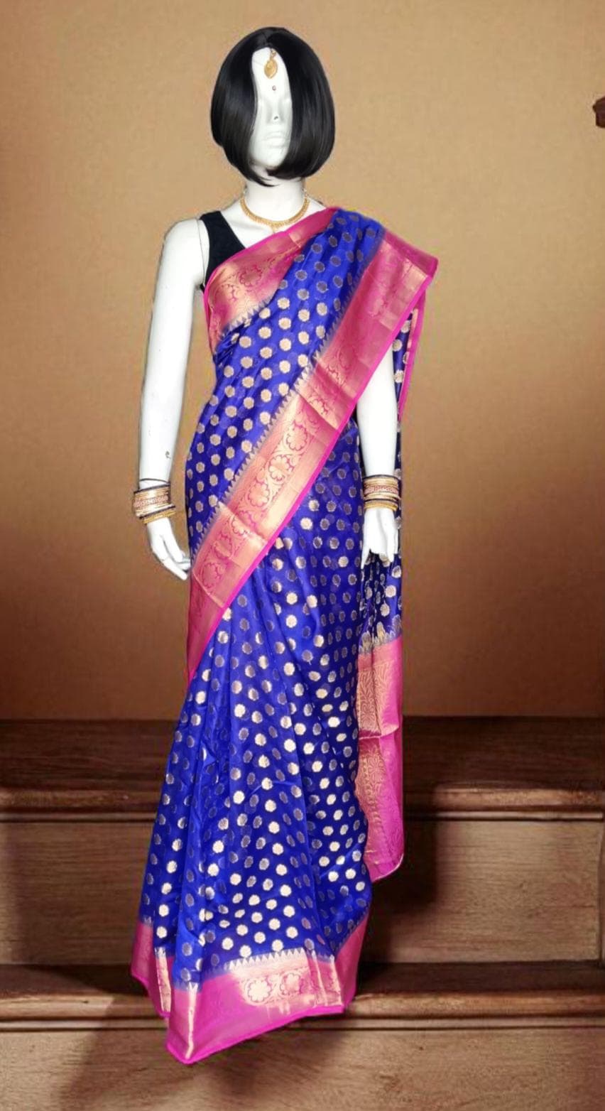 Royal Blue And Pink Banarasi Silk Saree with Unstitched Silk Blouse Handwoven Zari Wedding Saree Indian Traditional Outfit Elegant Gift
