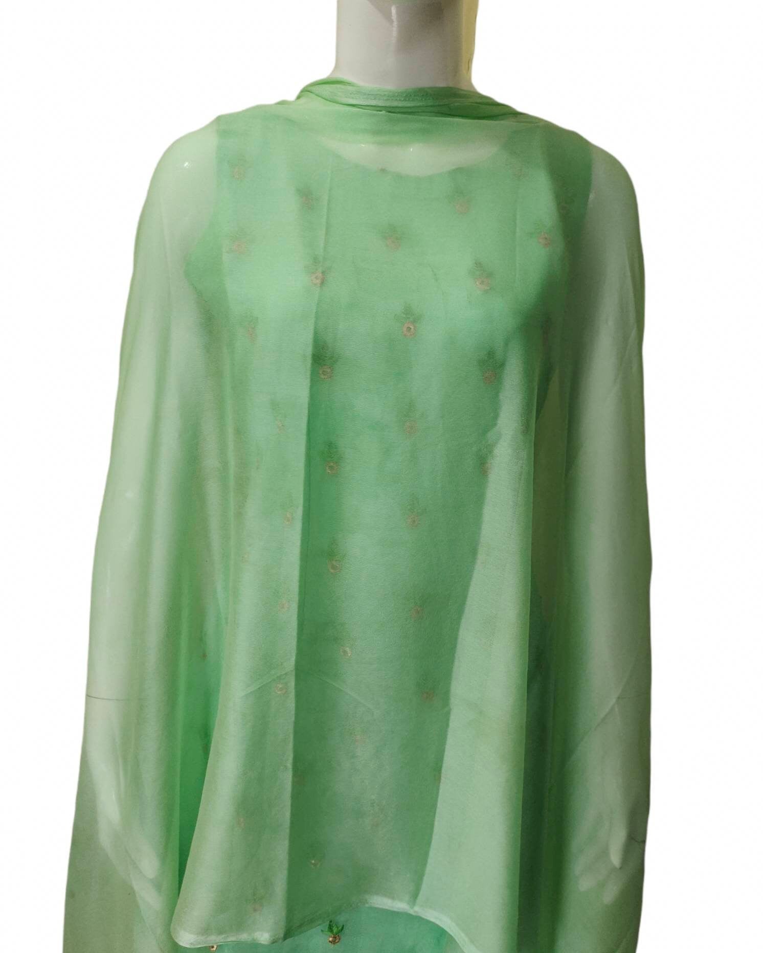 Light green salwar kameez suit organza thread work embroidered cotton Pajami churidar PURE chiffon dupatta festive ethnic puja Bollywood