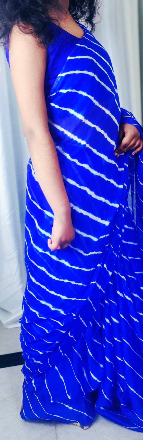 Dark Blue Chiffon Jaipuri Bandhani Saree With Crape Blue Unstitched ( customised )Blouse Jaipuri Saree Rajasthani Saree Tie and Dye Saree