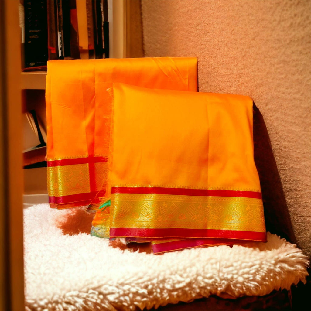 Orange Silk Red Green Golden Zari Border Dhoti Towel Set For Men 3.5 metres length of dhoti 2 meters length of towel South Indian Tamil