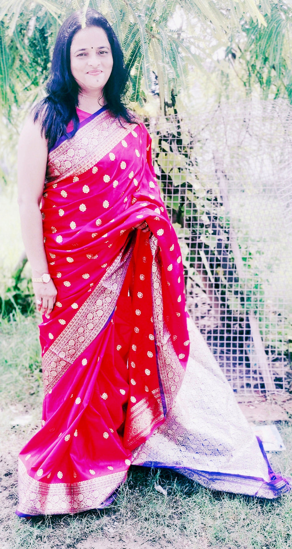 Dark Pink And Violet Satin Silk Banarasi Saree With Unstitched Violet Satin Silk Blouse Zari Work Bollywood Wedding Party Embroidered