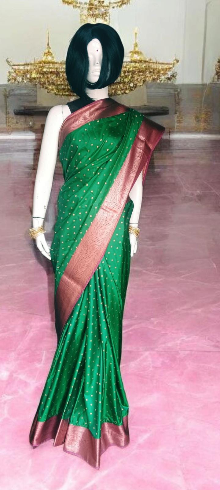 Pure Green Pink Mysore Silk Saree Zari border Unstitched Plain Pink Silk Blouse Piece Perfect for Wedding Festive Gift for her Indian