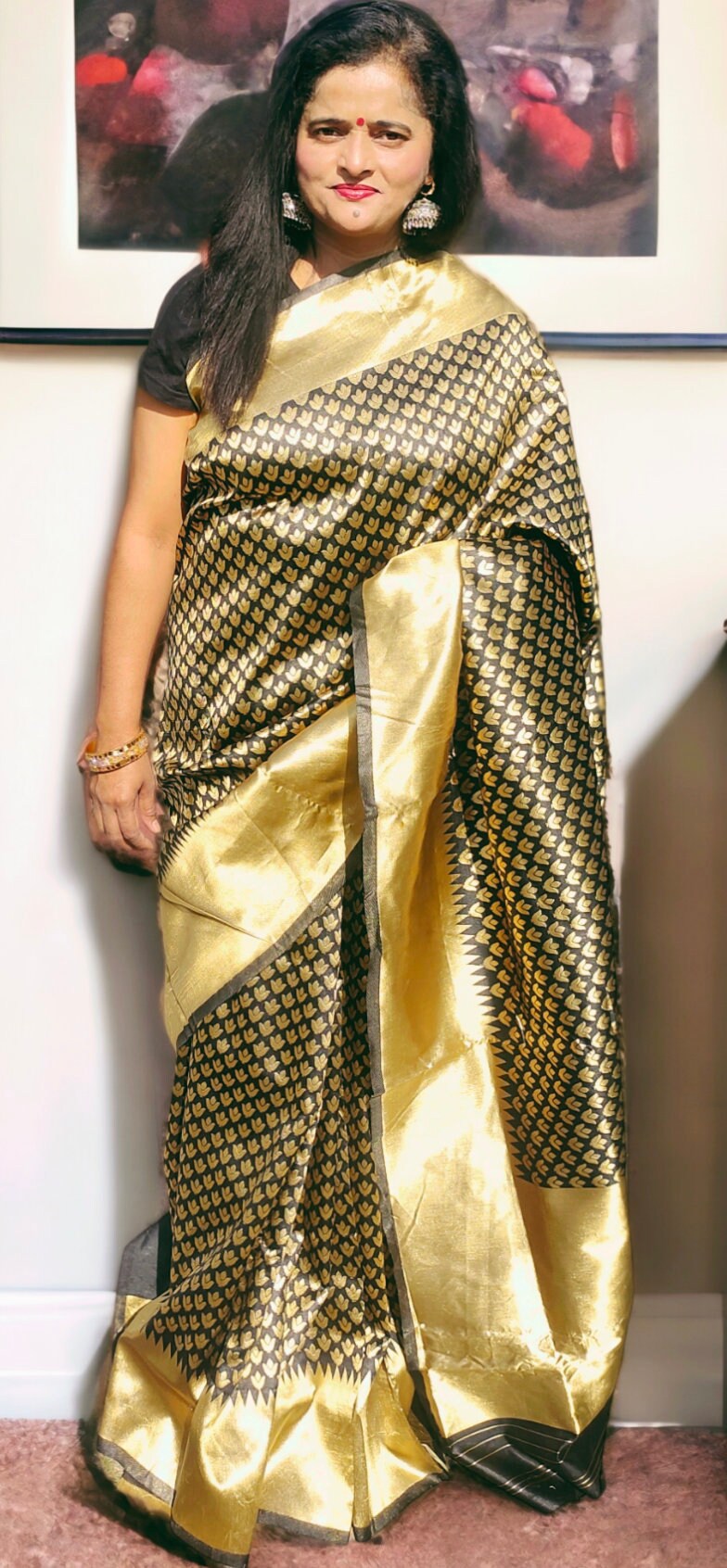 Black Golden Kanjeevaram Silk Saree Black Silk Unstitched Blouse Piece Intricate Zari Work Regal Look Limited Edition Statement Piece