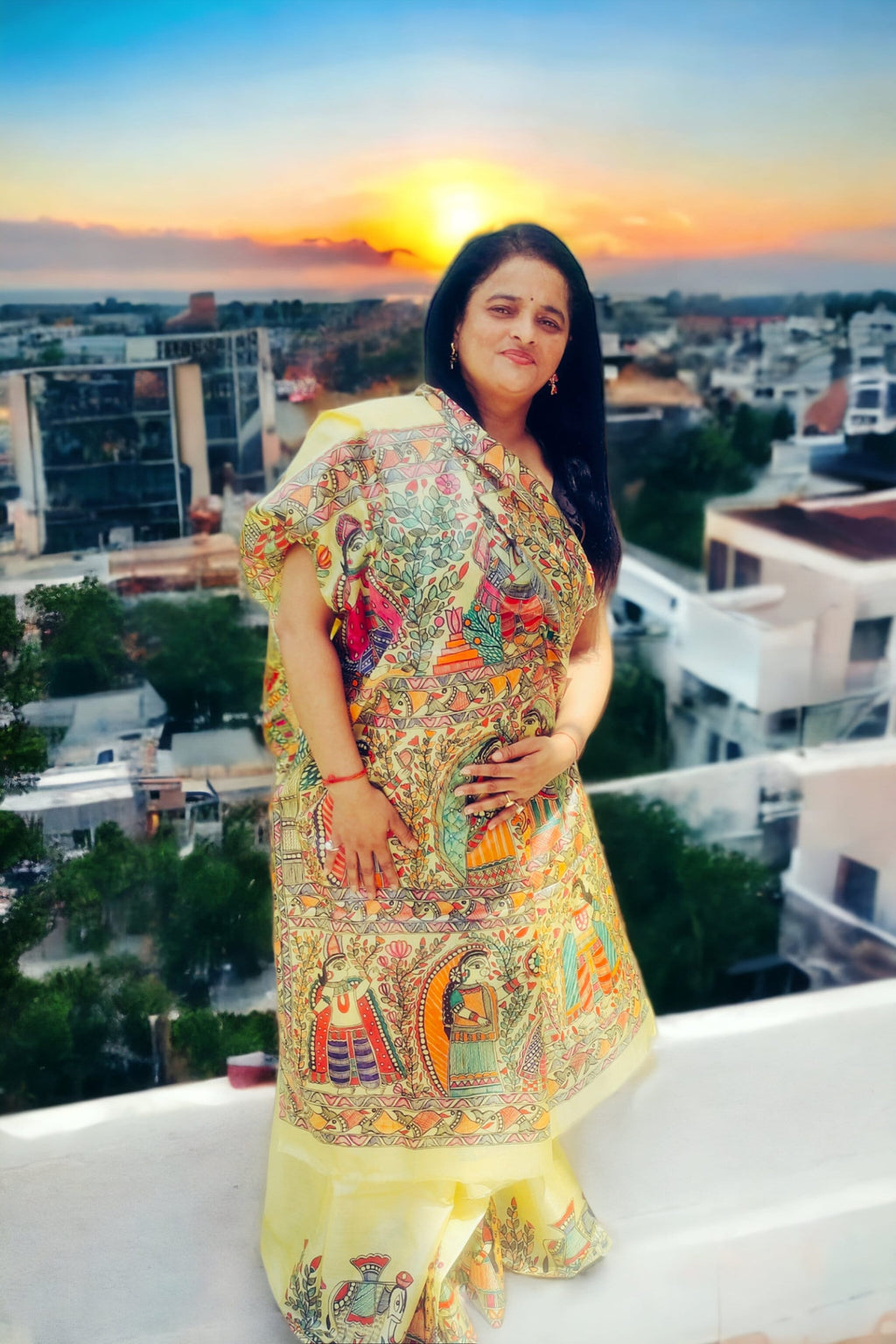 Yellow Handwork Madhubani Painted Silk Saree With Unstiched Blouse Piece Bihari Saree A Gift For Loved One Painted With Acrylic Paints