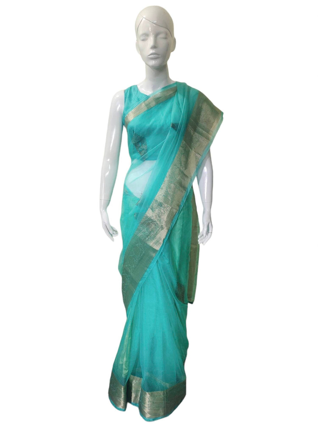 Sea green organza saree banarasi golden border golden sequence work satin blouse satin petticoat Bollywood festival designer Ethnic